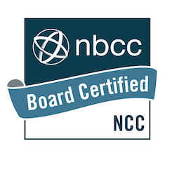NBCC Board Certified NCC badge with a globe logo and a blue ribbon stating Board Certified.