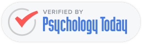 A red checkmark with the words Verified by Psychology Today on a white rounded rectangle background.