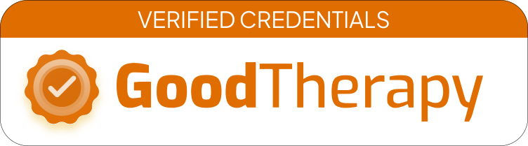Orange banner with a checkmark badge and the words VERIFIED CREDENTIALS GoodTherapy in white and orange text.