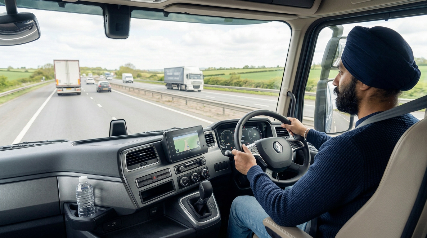 A man wearing a blue turban and dark sweater driving a truck on the motorway.