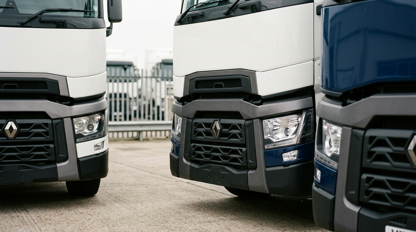 Close-up of three large trucks parked side by side.