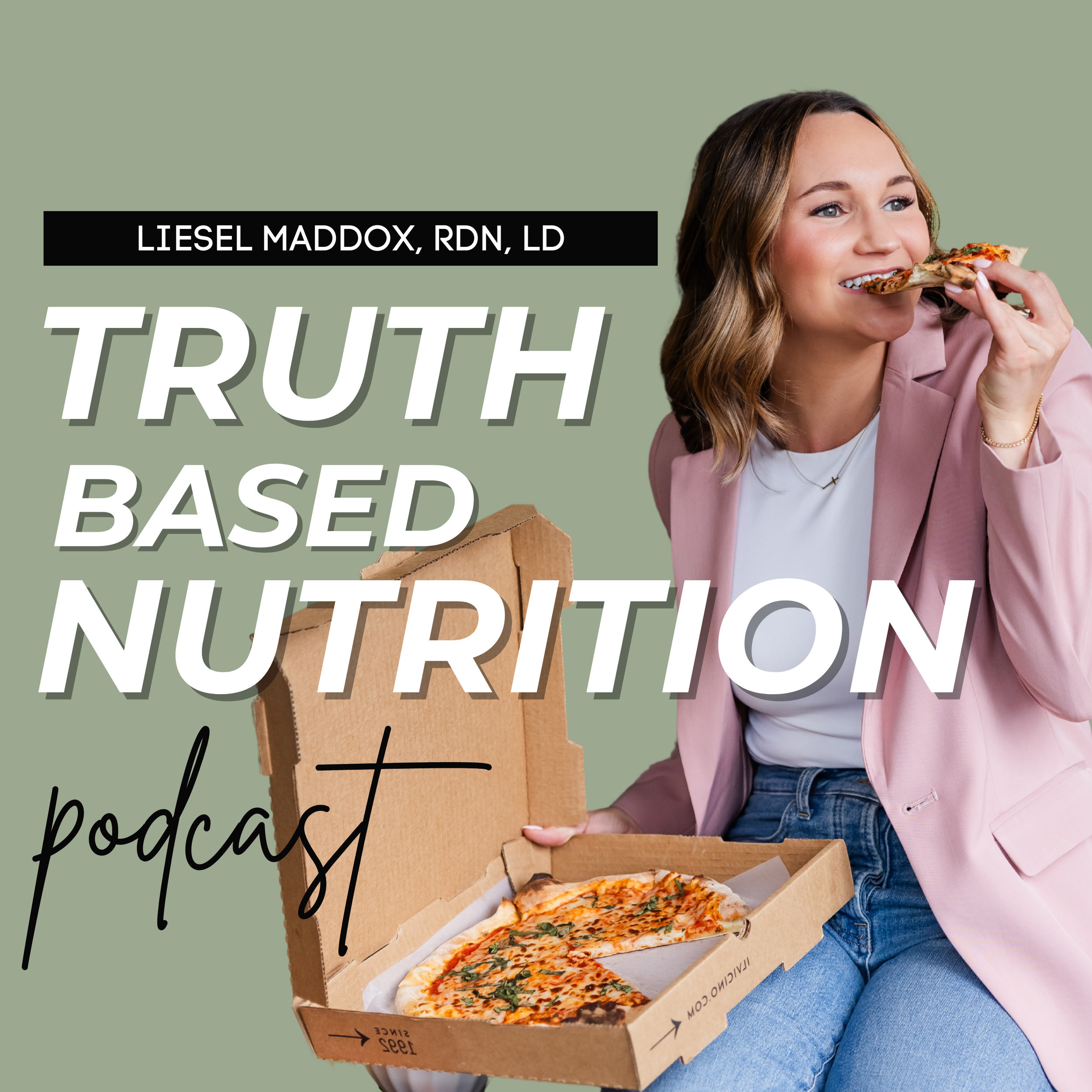 Liesel Maddox, host of the Truth Based Nutrition podcast, enjoying pizza to demonstrate food flexibility and freedom