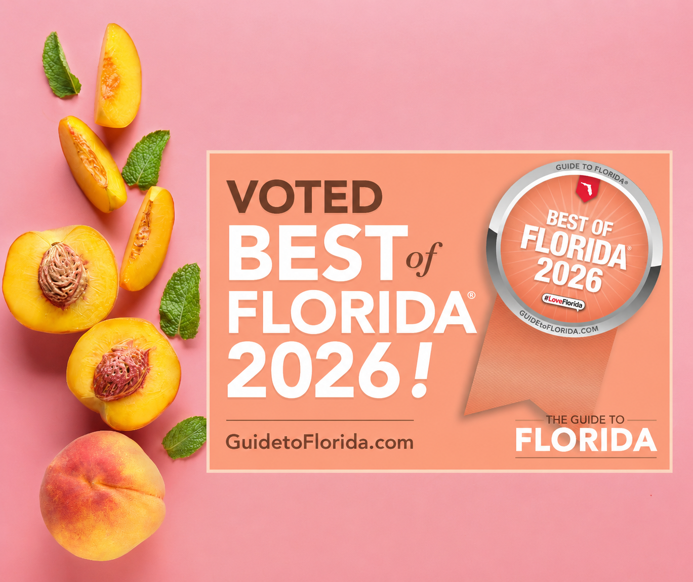 Peach, peach slices, and fresh mint leaves on a pink background with a graphic promoting Florida's best of 2026 voted guide.