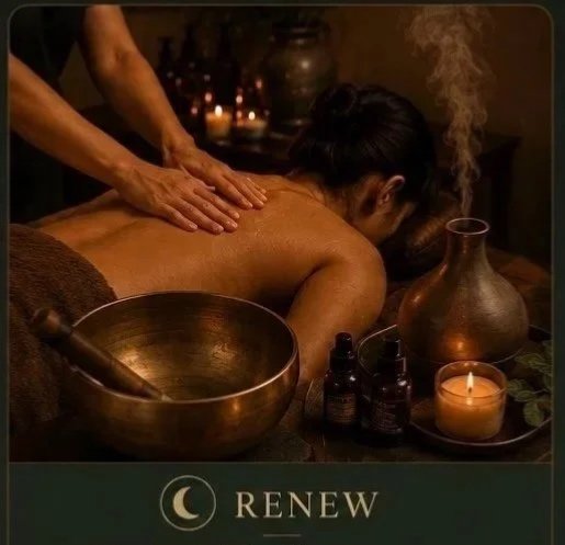 A woman receiving a massage in a spa with candles and essential oils, with the word "RENEW" and a crescent moon symbol at the bottom.
