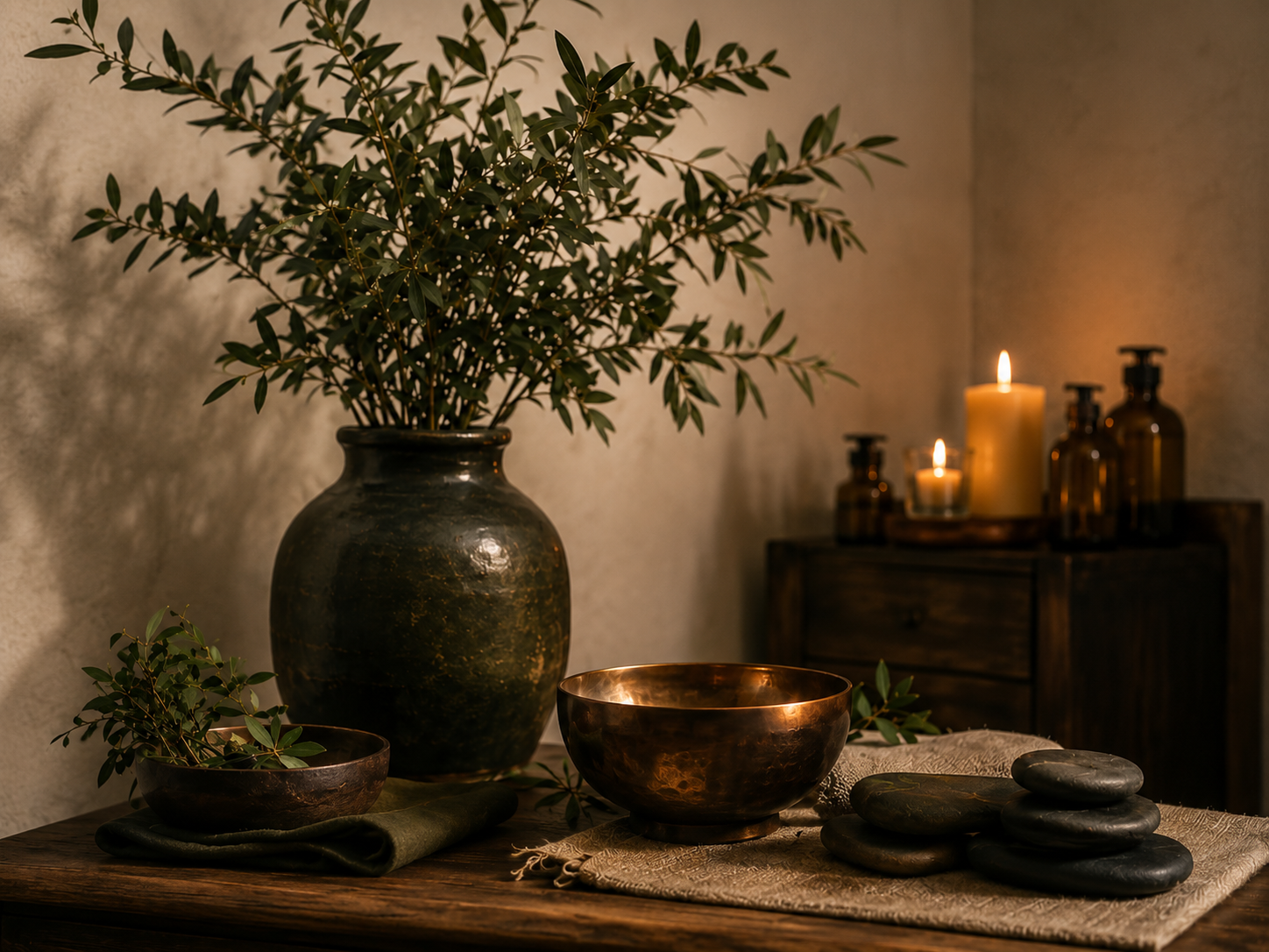 A still life scene on a wooden table with a large green vase filled with green foliage, a small bowl with leaves, a large copper bowl, stacked smooth black stones, and candles in the background creating a warm, cozy ambiance.