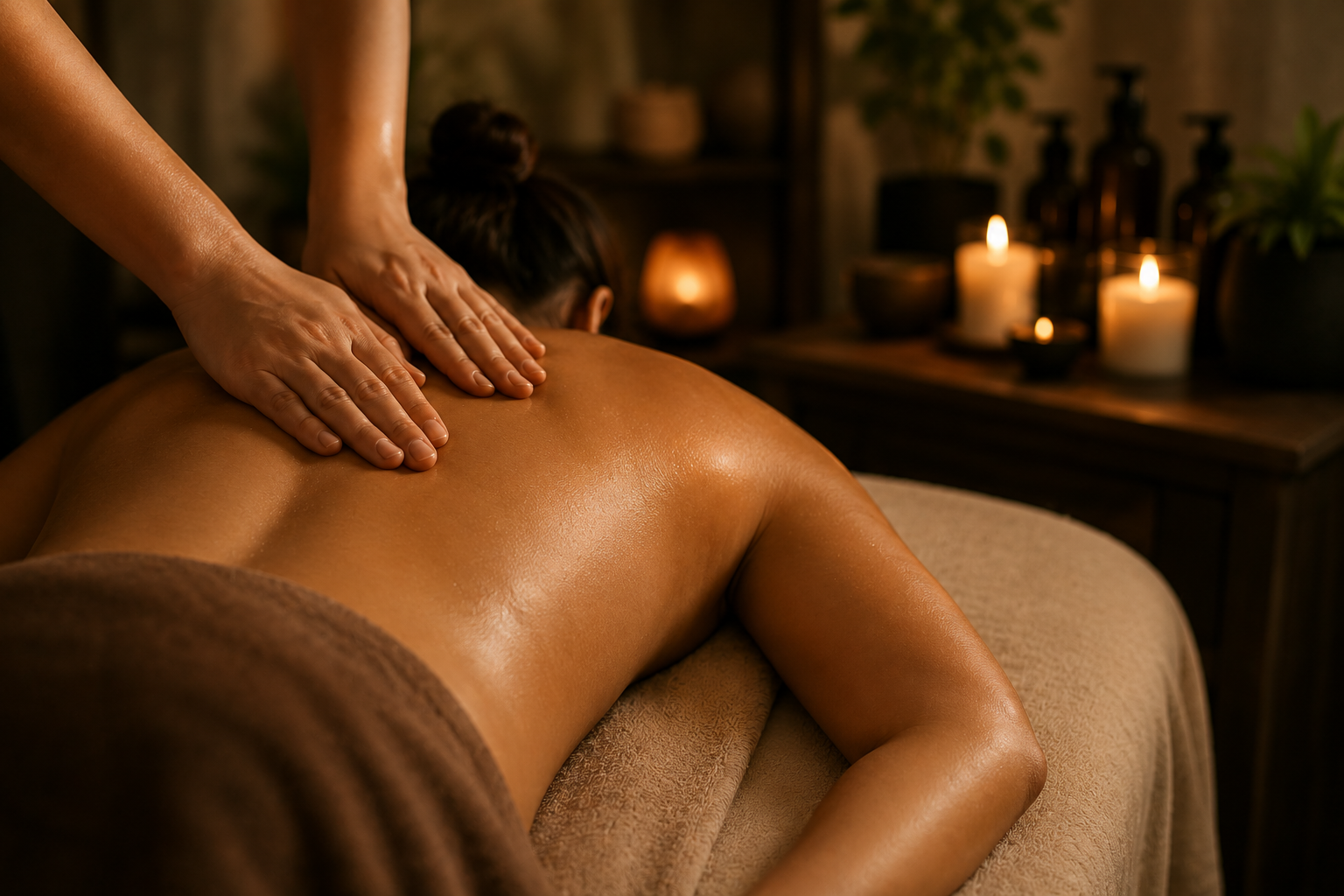 Person receiving a back massage in a dimly lit room with candles and candles on a table in the background.