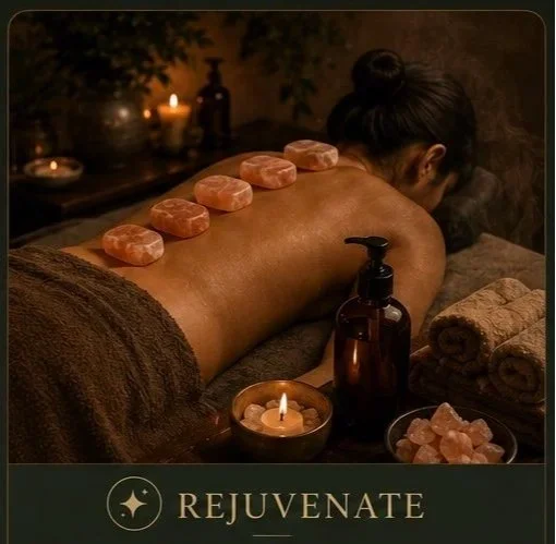 A woman receives a hot stone massage in a spa setting, with several large stones placed on her back. The scene is dimly lit with candles, and there are rolled towels, a bottle of massage oil, and additional stones nearby. The word 'REJUVENATE' is written at the bottom.