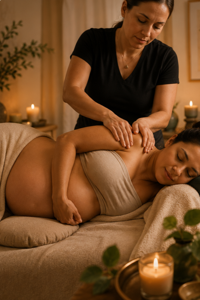 A pregnant woman receiving a massage in a cozy room with lit candles, plants, and warm decor