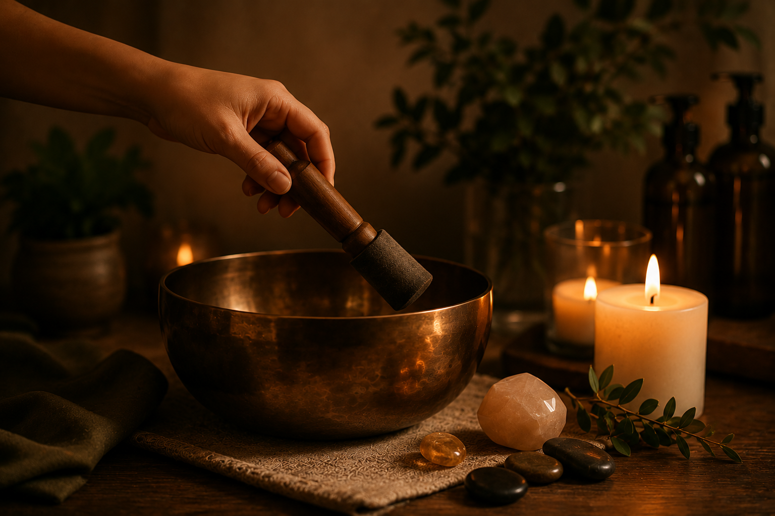 A hand holding a wooden mallet above a singing bowl on a textured cloth with lit candles, stones, and plants in the background.