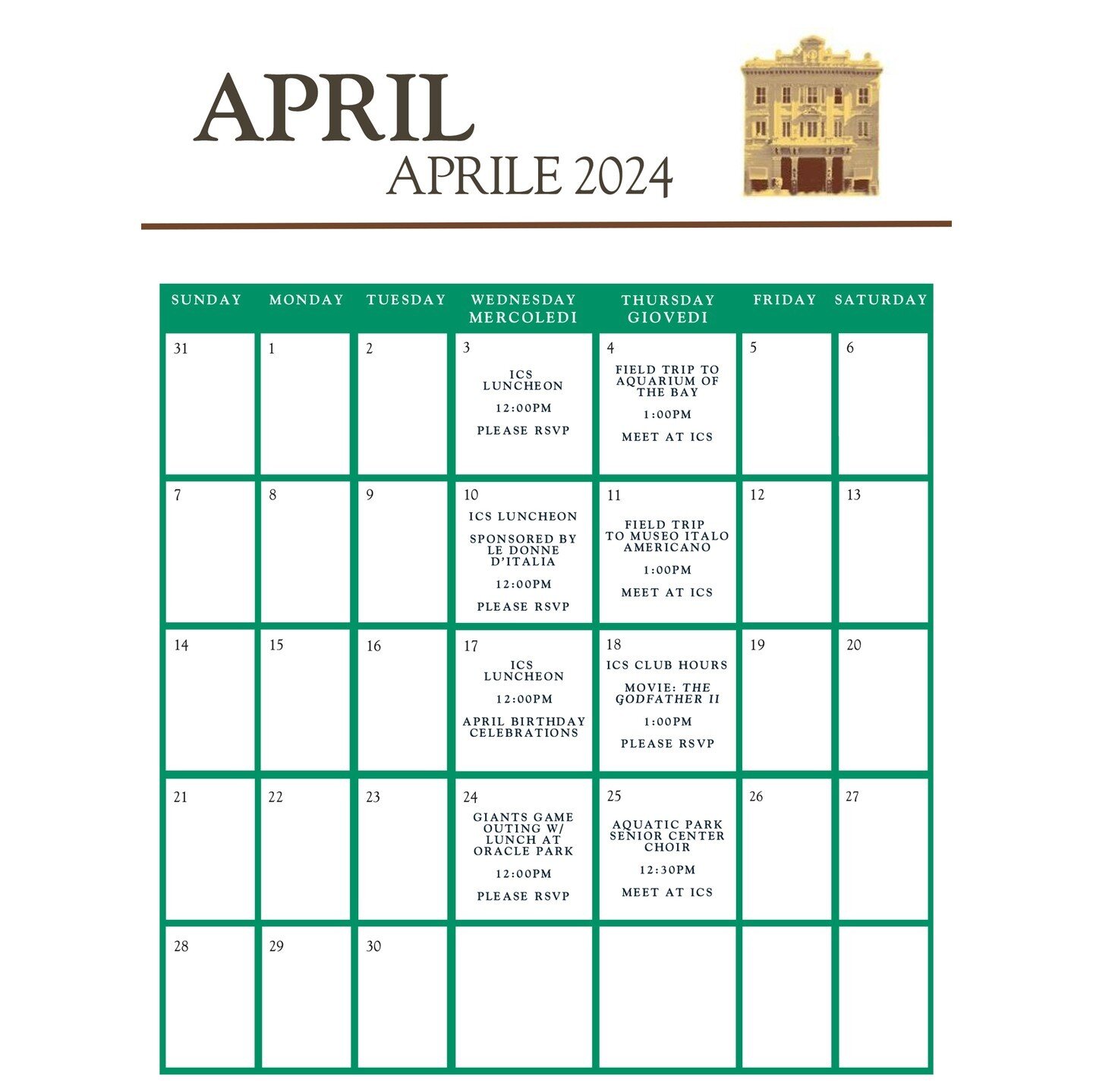 Have you checked out our April calendar yet? Don't miss out on all the exciting events you can RSVP for now! This includes a trip to the Aquarium of the Bay, a visit to the Museo Italo Americano, a GIANTS Game, and more! ⚾ Go ahead and mark your cale