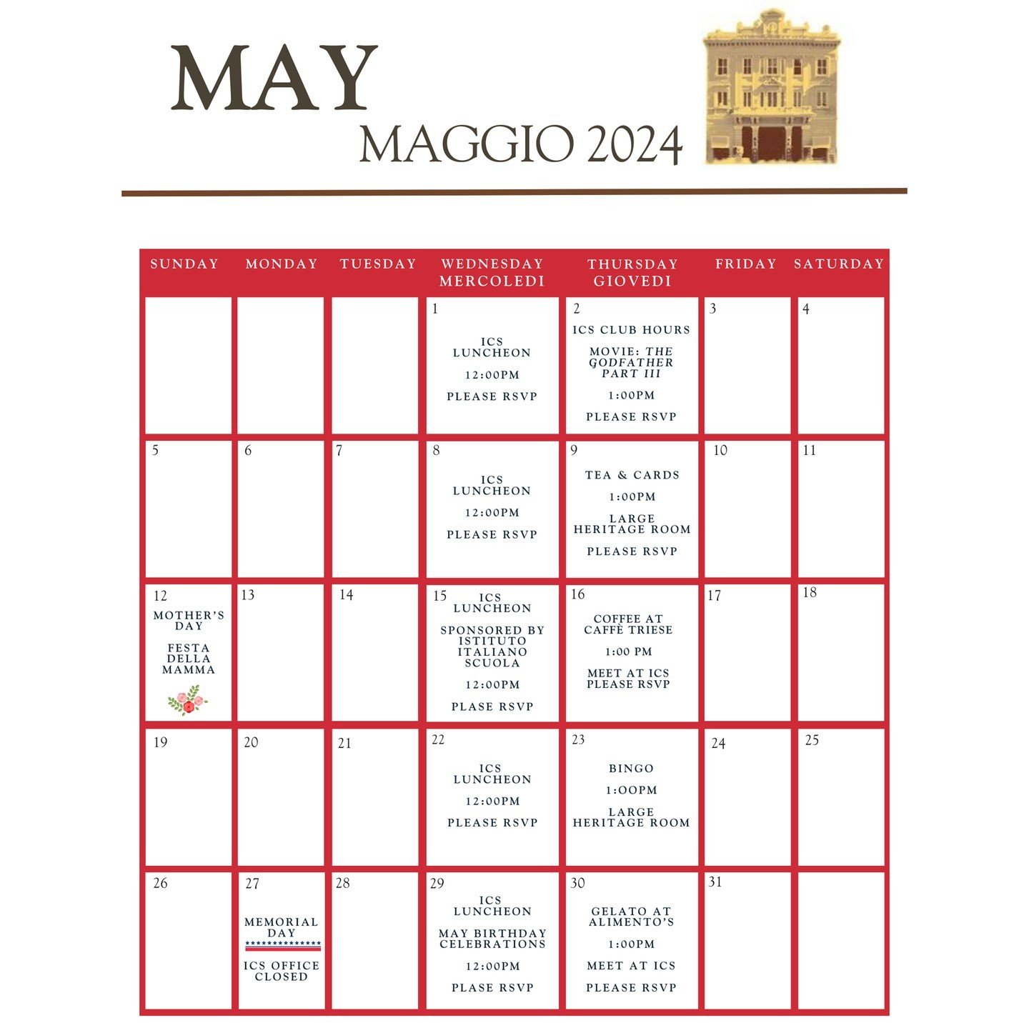 Discover all our upcoming events in May in the attached calendar. Join us for one of our Wednesday lunches, or enjoy an ice cream or coffee in North Beach, or stop by our booth at the fabulous Festa Italiana on June 1st.
To participate in our activit