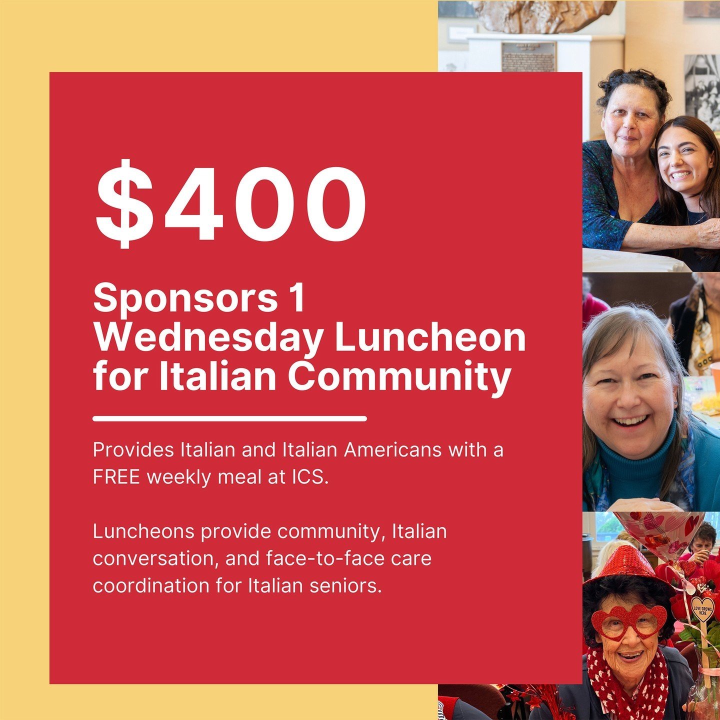 This #GivingTuesday, sponsors a meal that nourishes both body and soul. ✨
SPONSOR 1 WEDNESDAY LUNCHEON FOR OUR ITALIAN COMMUNITY
DONATE 👉 donate.stripe.com/28og141rx9bHdck009
With a donation of $400, you&rsquo;ll provide a FREE weekly meal to Italia