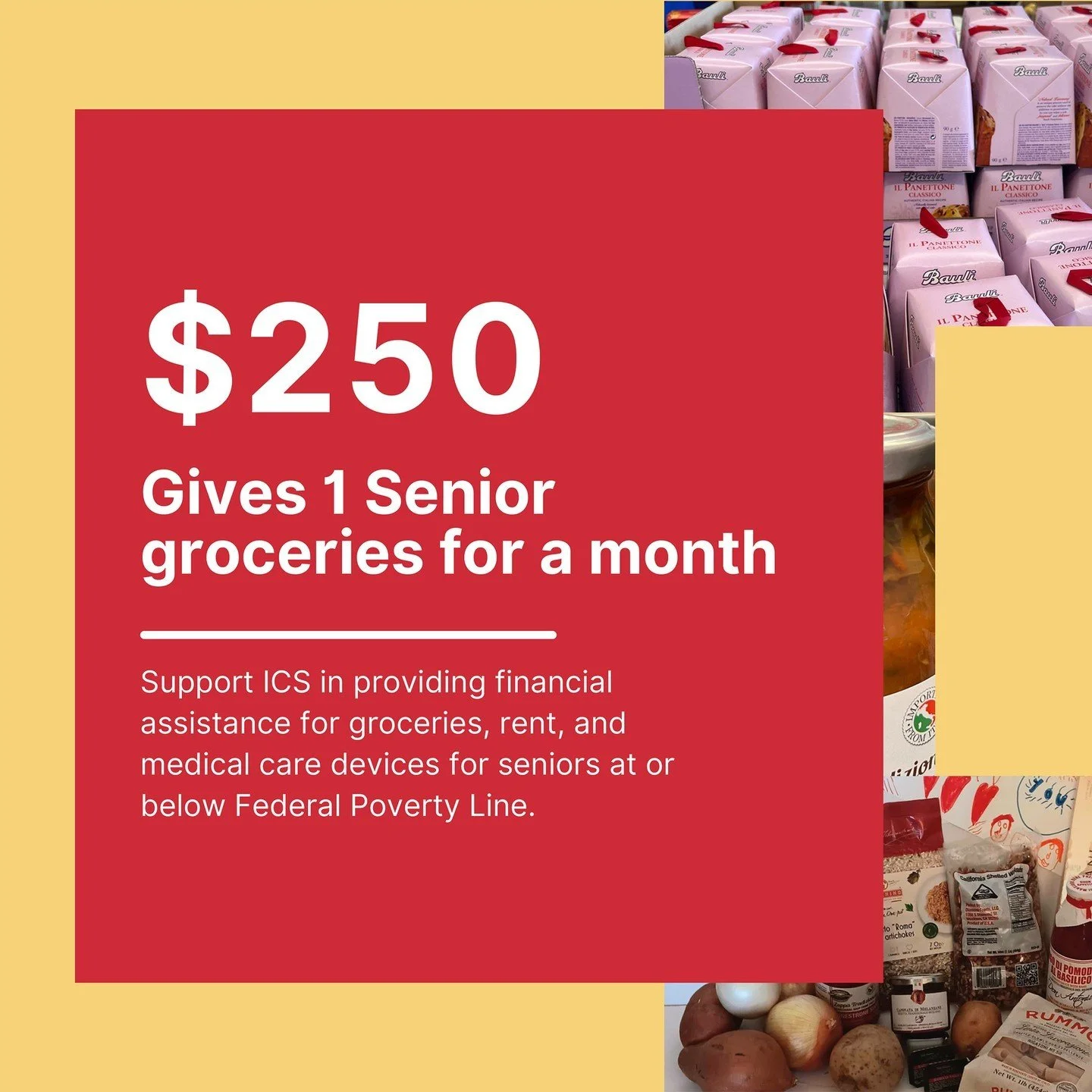 This #GivingTuesday, help us support a senior in need! ✨
With a donation of $250, you can provide groceries for one senior for an entire month. Your generosity helps Italian seniors at or below the federal poverty line receive financial assistance fo