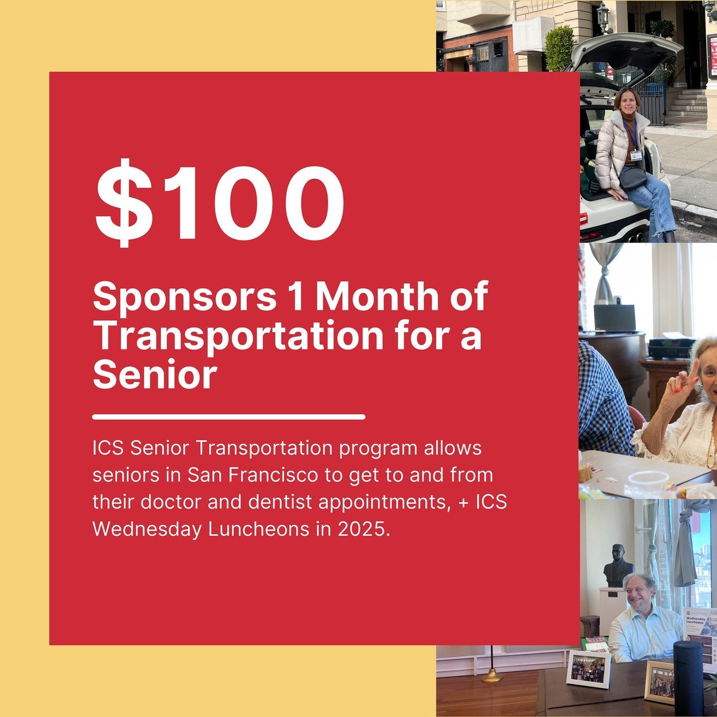 This #GivingTuesday, help support a senior&rsquo;s mobility and well-being! ✨
With a donation of just $100, you can sponsor one month of transportation for a senior. Your contribution helps seniors in San Francisco get to and from vital doctor and de