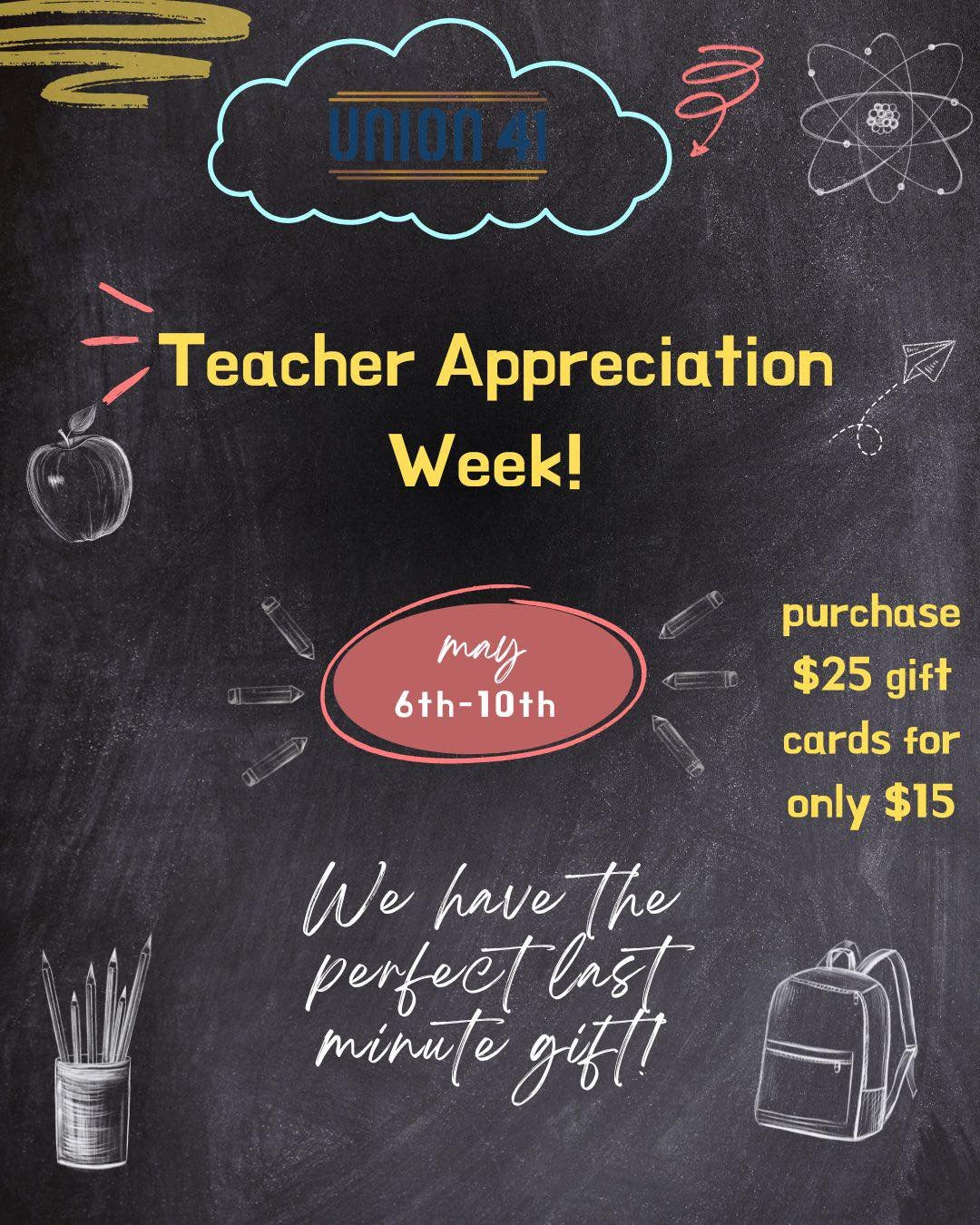 Show some love to your favorite teacher!

We will be offering $25 gift cards for only $15! 

Use code: GCTEACHER at checkout 

Gift card link: 
https://www.toasttab.com/union-41-171-piedmont-ave/giftcards

#teacher #teacherappreciationweek #teacherli