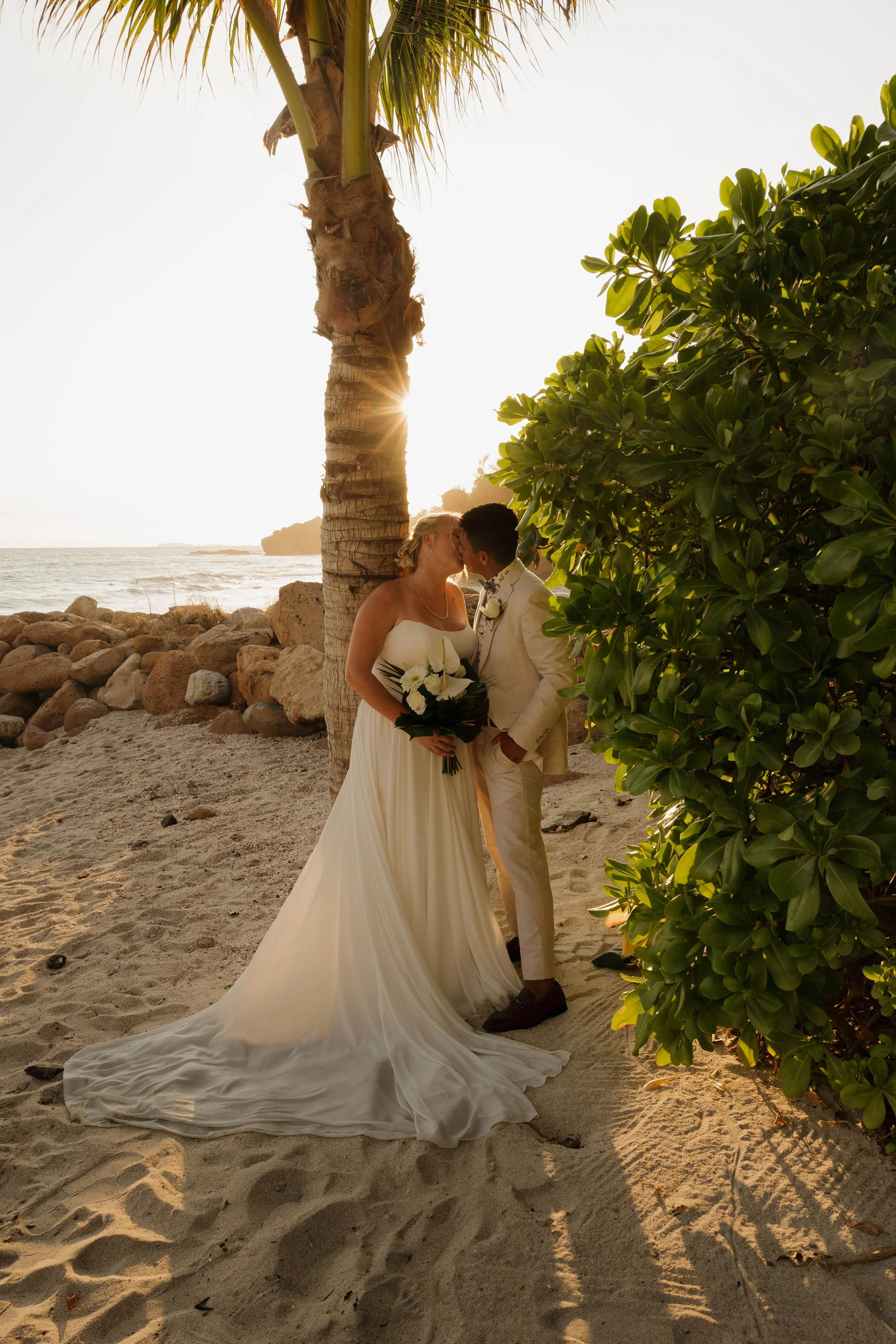Bride and groom are kissing on a beach at sunset, standing near a palm tree and greenery.