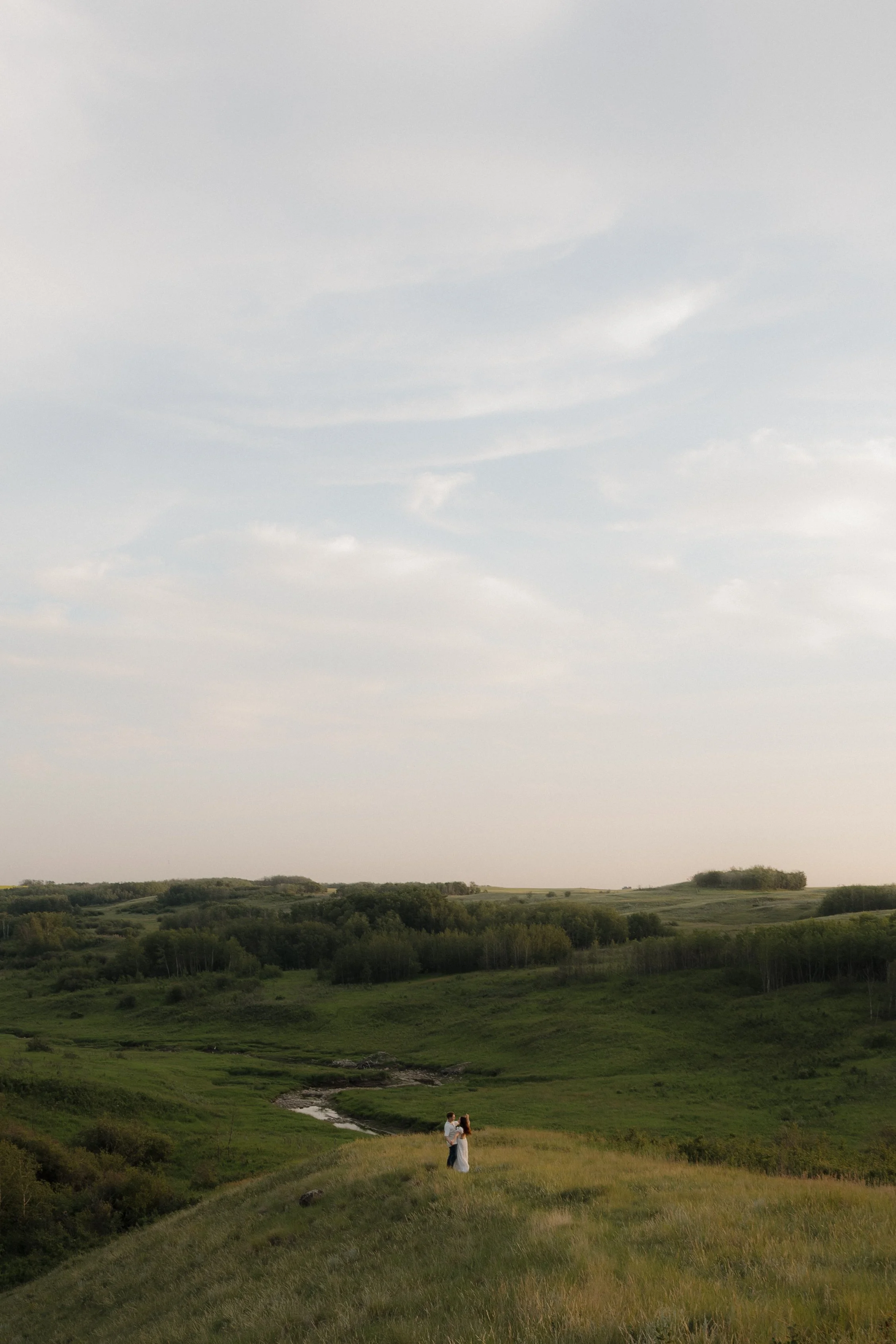 A couple standing on a grassy hill in a green landscape with a small stream, trees, and rolling hills under a cloudy sky.