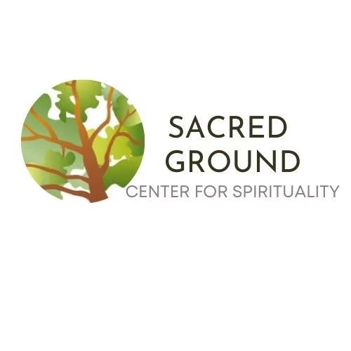 Logo of Sacred Ground Center for Spirituality featuring a circular illustration of a tree with green leaves and brown branches, alongside the text 'Sacred Ground Center for Spirituality'.