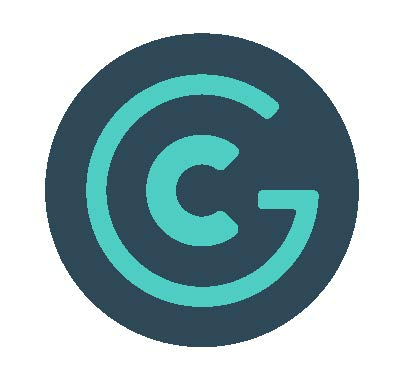A circular logo with a dark teal background and light teal concentric circular shapes forming a stylized letter 'G' inside.