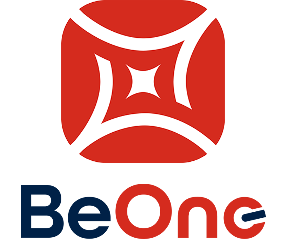 A logo with a red geometric shape above the word 'BeOnc' written in blue and red letters.