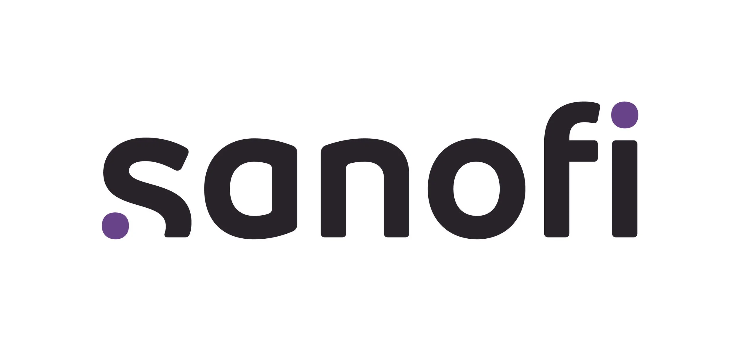 Sanofi logo with black lowercase letters and purple dots.