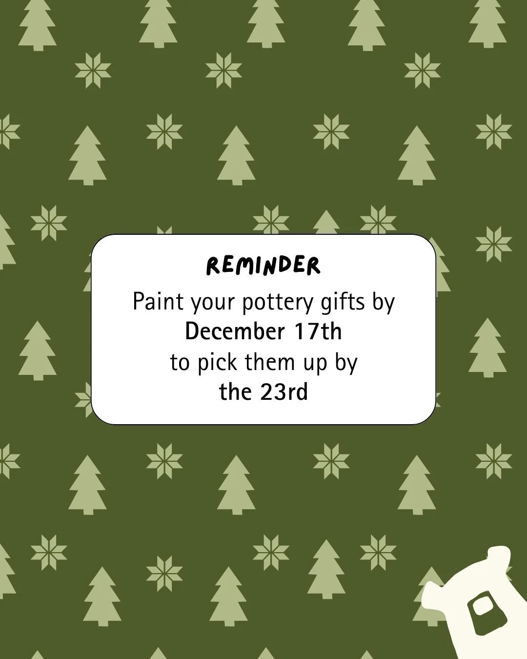 PSA from your friendly neighborhood pottery elves: the last day to paint your holiday pieces and have them ready by Christmas is December 17th 🎄✨ The kiln is extra busy these days, so don't wait til the last minute! 🎁 

Last day to pick up your fin