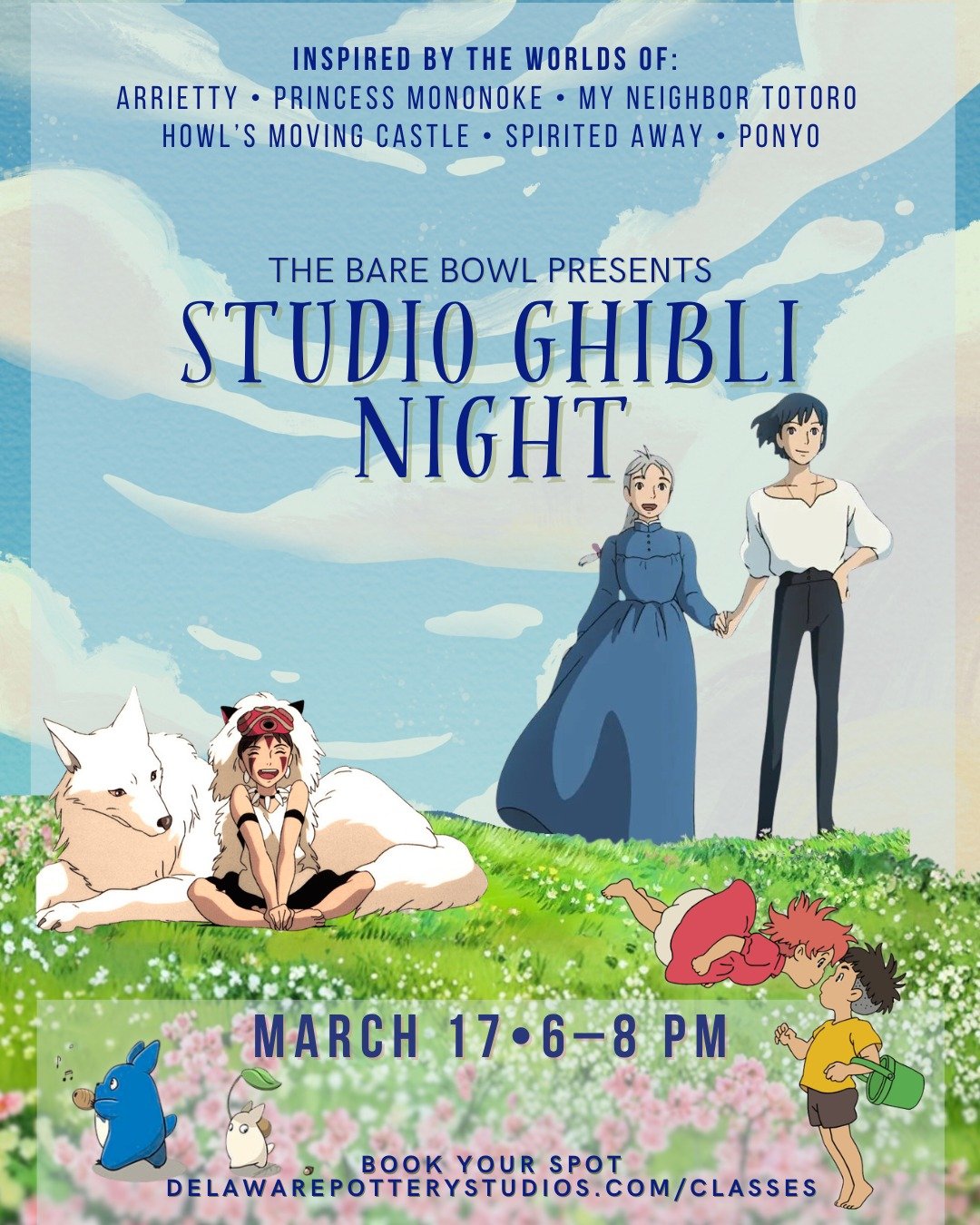 Only a few days left to get your tickets for our Studio Ghibli Paint and Sip on March 17.

Your ticket includes Ghibli inspired snacks and drinks, themed silkscreens, and a small goodie box filled with nods to some of our favorite Ghibli films.

Pick