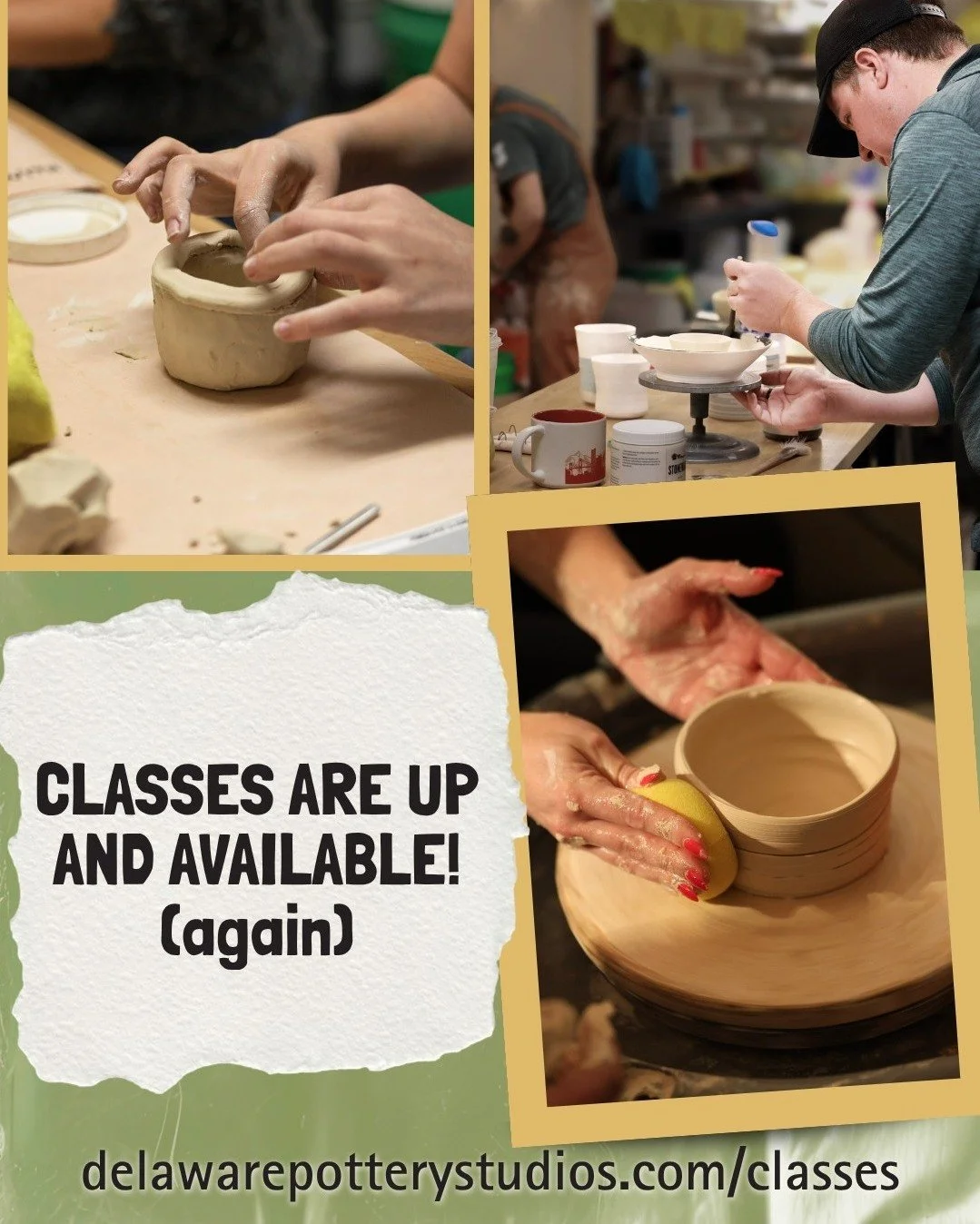 Pottery Classes are now open again!!
Thank you for all the support and understanding with our temporary class hiatus. 
All classes will be held at our NEW Delaware Pottery Studios space (27 W Winter St)

*We've switched to a new booking system, so if