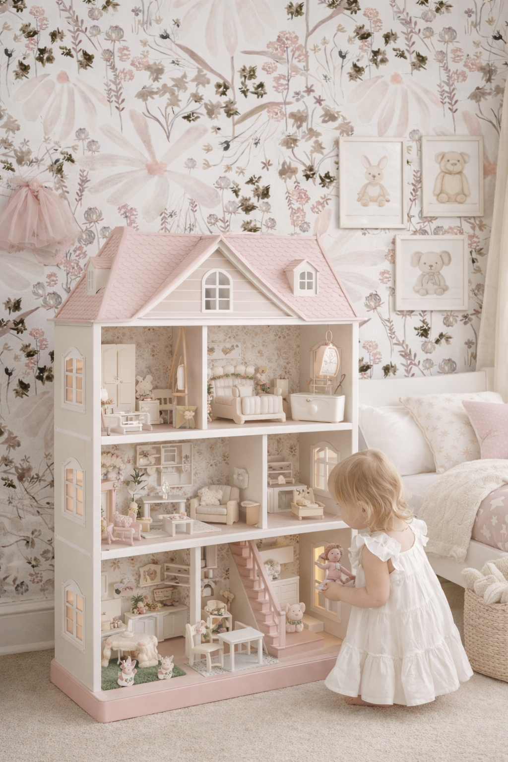 A young girl in a white dress playing with a doll in front of a large dollhouse in a bedroom with floral wallpaper and framed teddy bear and bunny pictures on the wall.