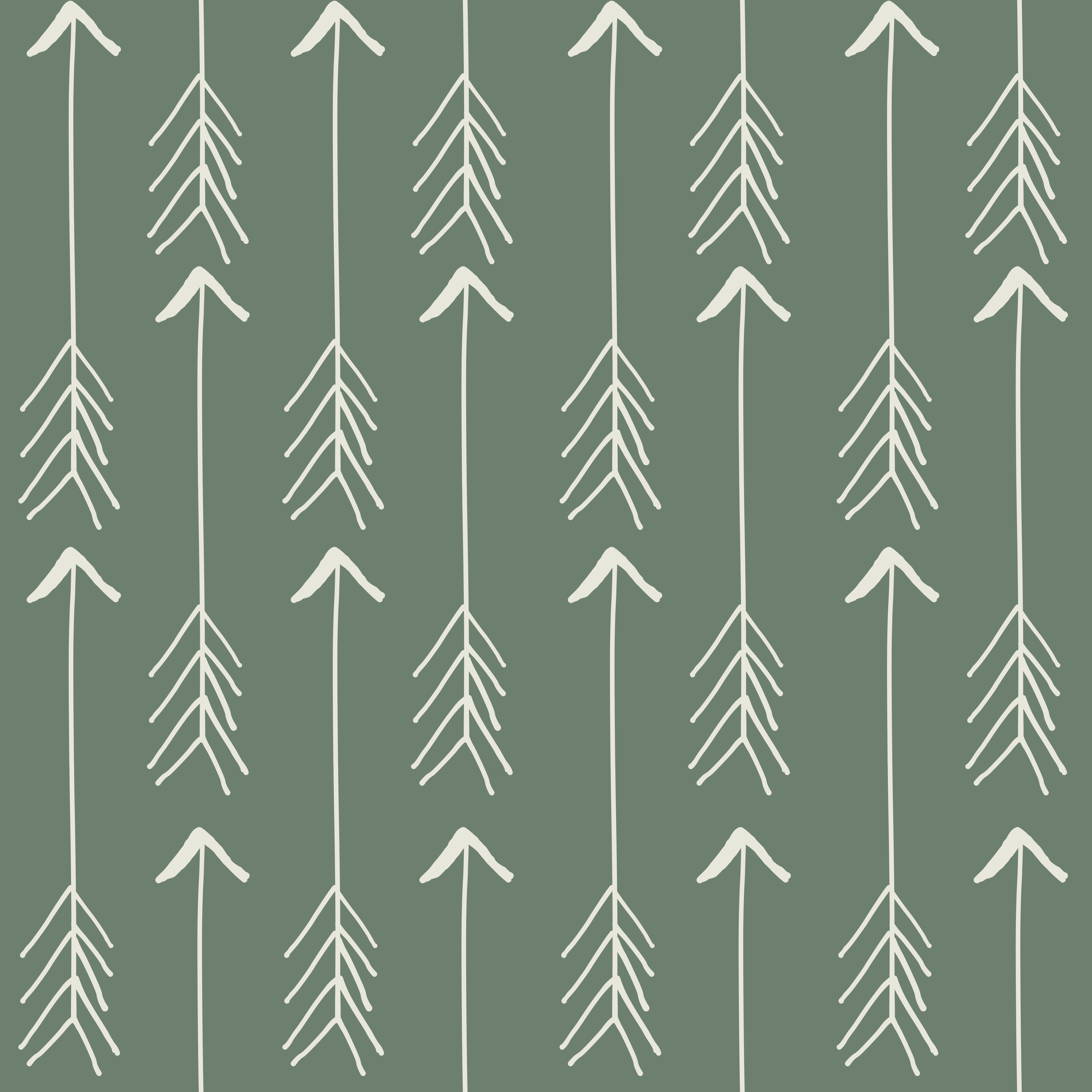 Pattern of white stylized pine tree branches on a greenish background.