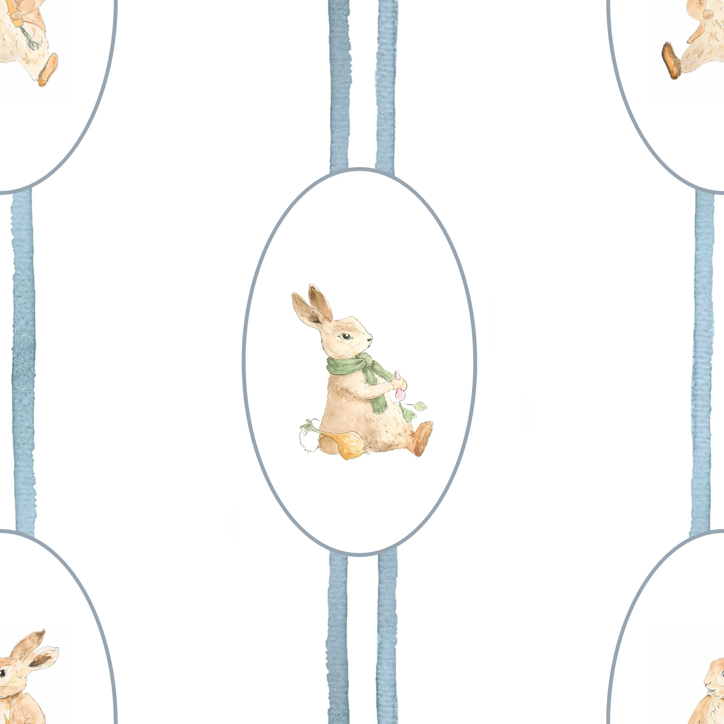 Watercolor pattern featuring a bunny wearing a green scarf, sitting with a carrot and a radish inside an oval frame, repeated with vertical blue lines in the background.