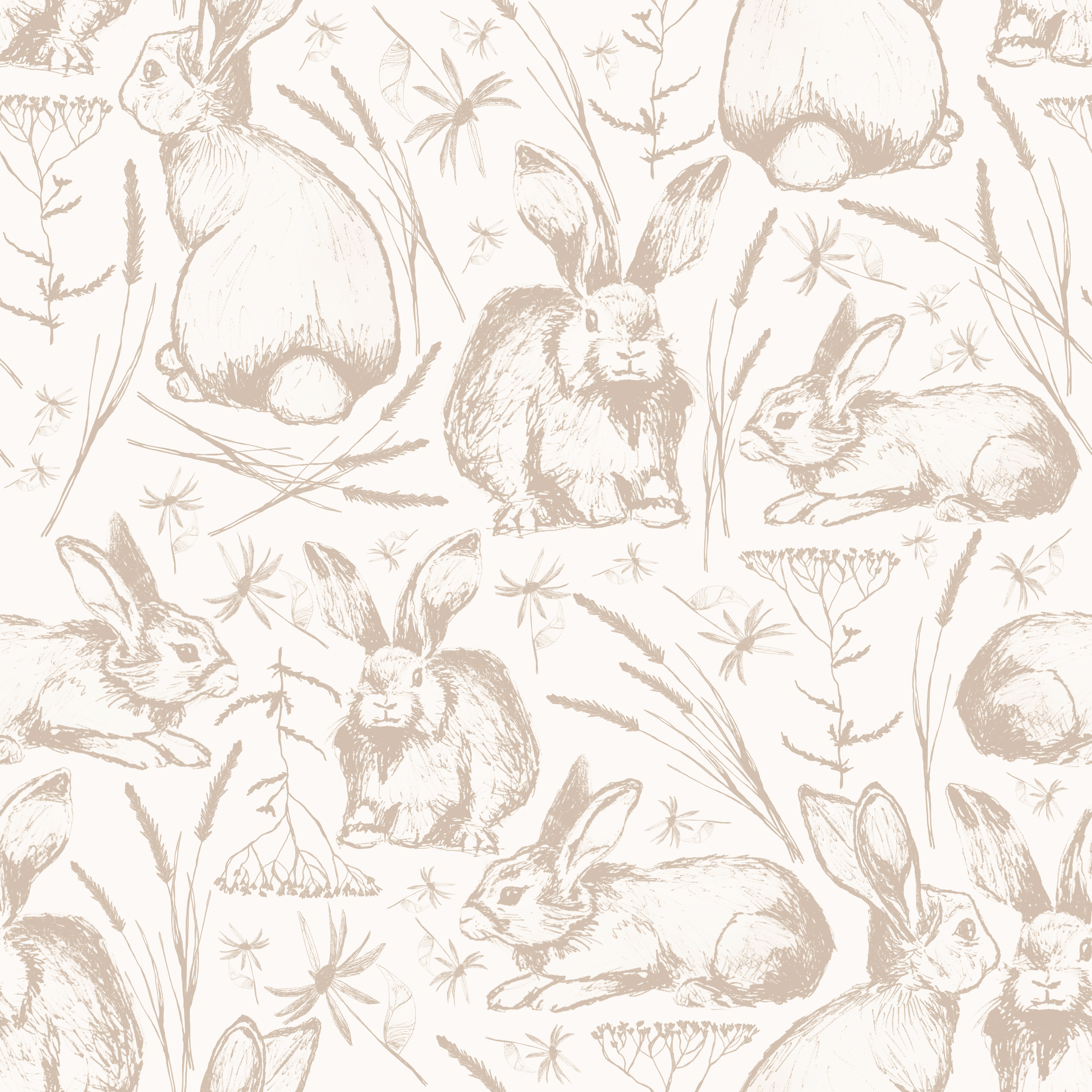 Pattern with hand-drawn rabbits and rabbits' burrows in earthy tones.