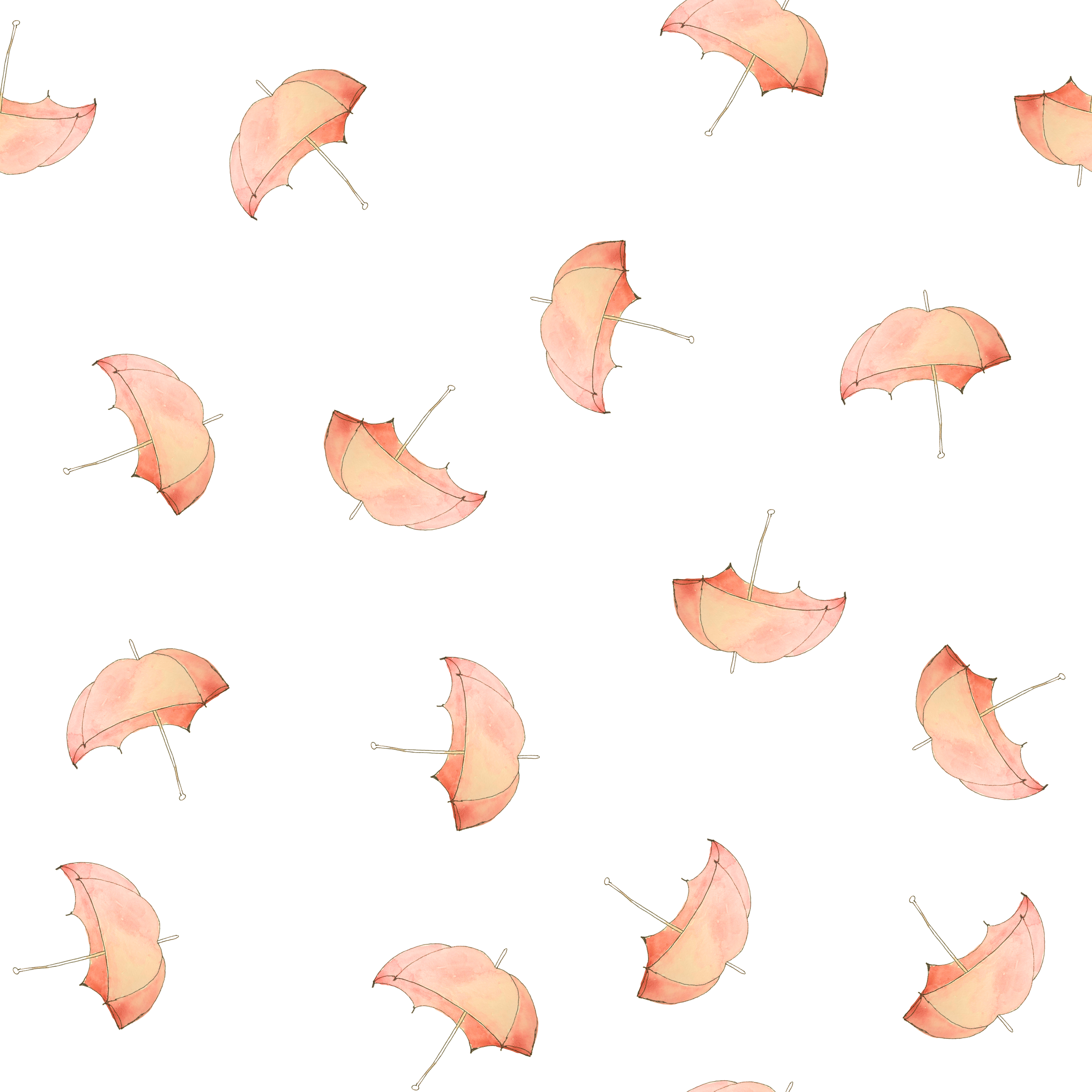 Pattern of watercolor pink umbrellas scattered on a white background.