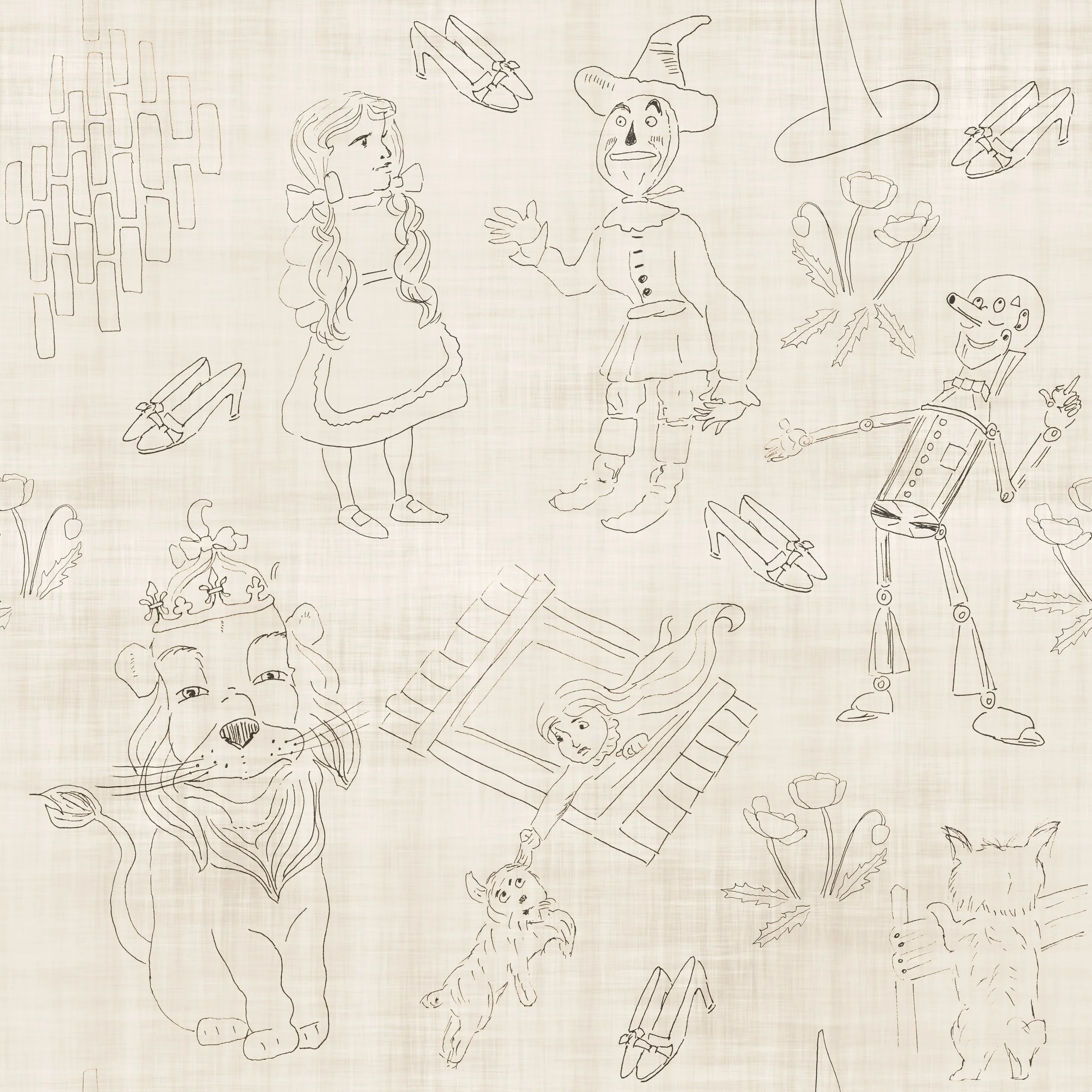 Sketches of characters from 'The Wizard of Oz' including the Scarecrow, Tin Man, Dorothy, Cowardly Lion, Glinda the Good Witch, a flying monkey, and Dorothy's dog Toto, with added shoes and flowers.