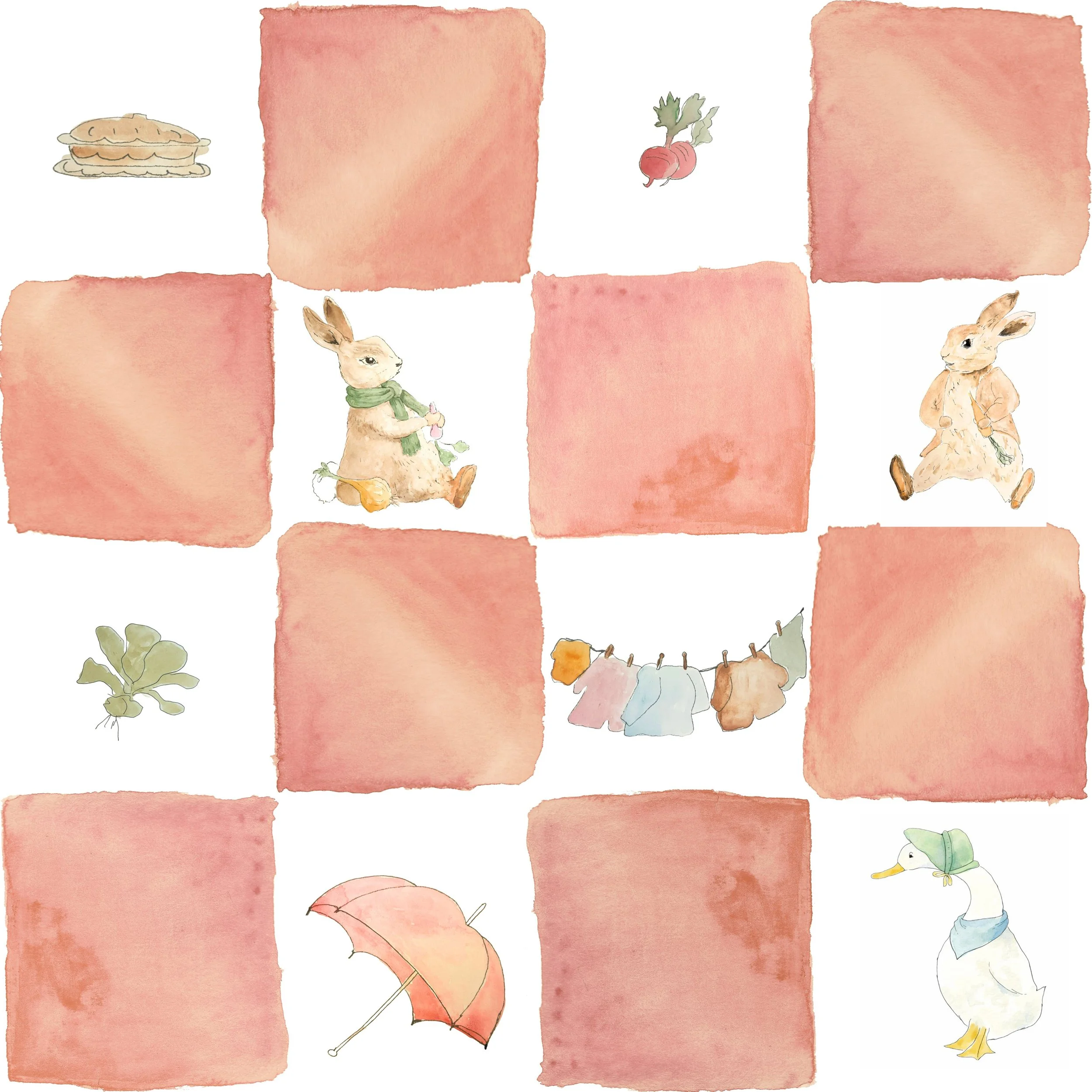 Watercolor illustration of a hopscotch game with pastel pink squares, rabbits, a duck, a radish, a bunch of laundry on a clothesline, a leaf, and a parasol.