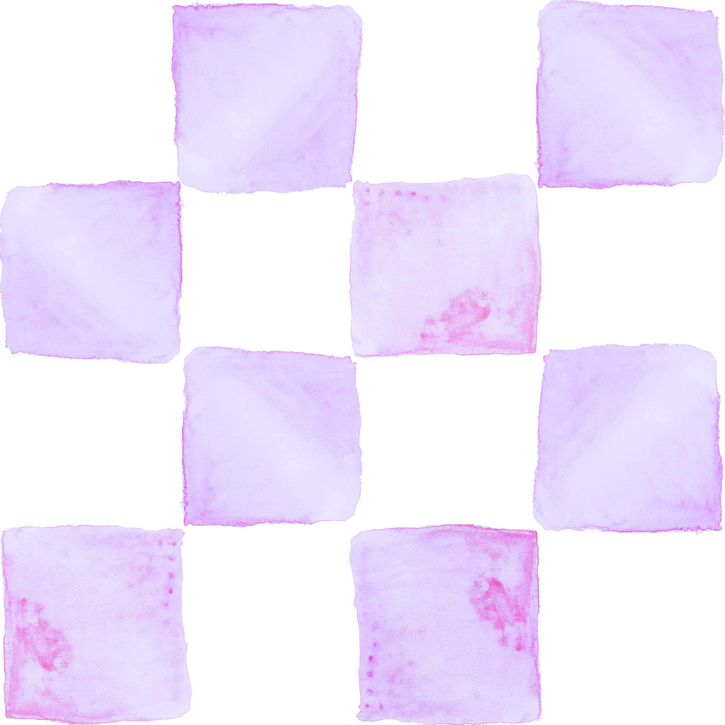 A pattern of watercolor squares in shades of purple and pink on a white background, arranged in a checkerboard layout.