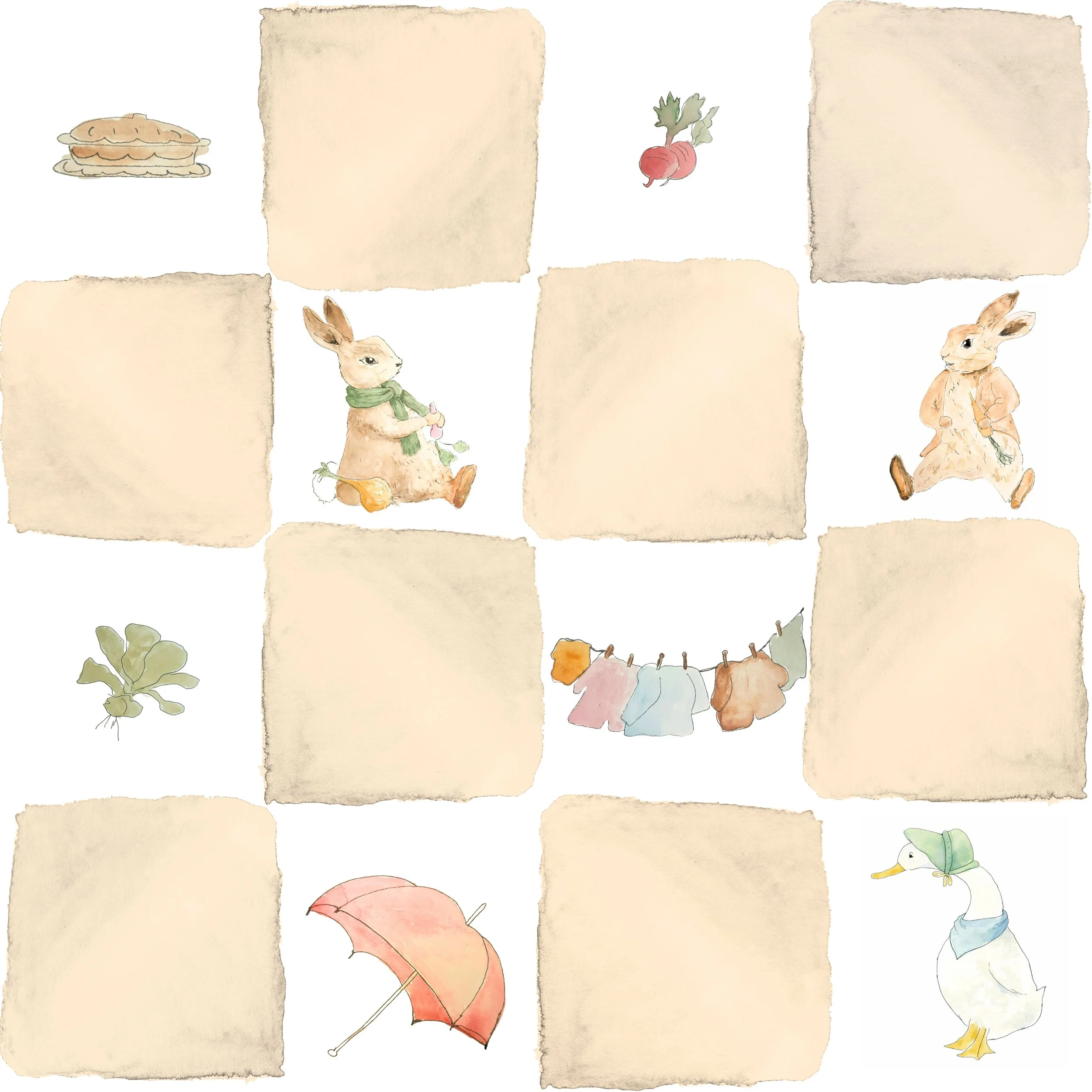 Watercolor illustration of a game grid with rabbits, ducks, vegetables, laundry, an umbrella, and parchment-like squares.