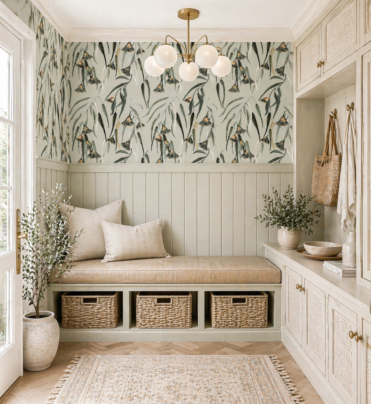 A mudroom with green built-in lockers, navy cushions, a black tote bag, and black rain boots. Gold hooks hold a black cap and jacket. Brass wall sconces with white shades and floral wallpaper are visible.