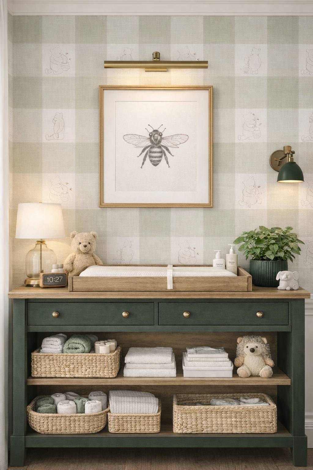 A nursery with a changing table, teddy bears, a green dresser, framed bee artwork, a framed Winnie the Pooh wallpaper, a small potted plant, a lamp, and baby products.