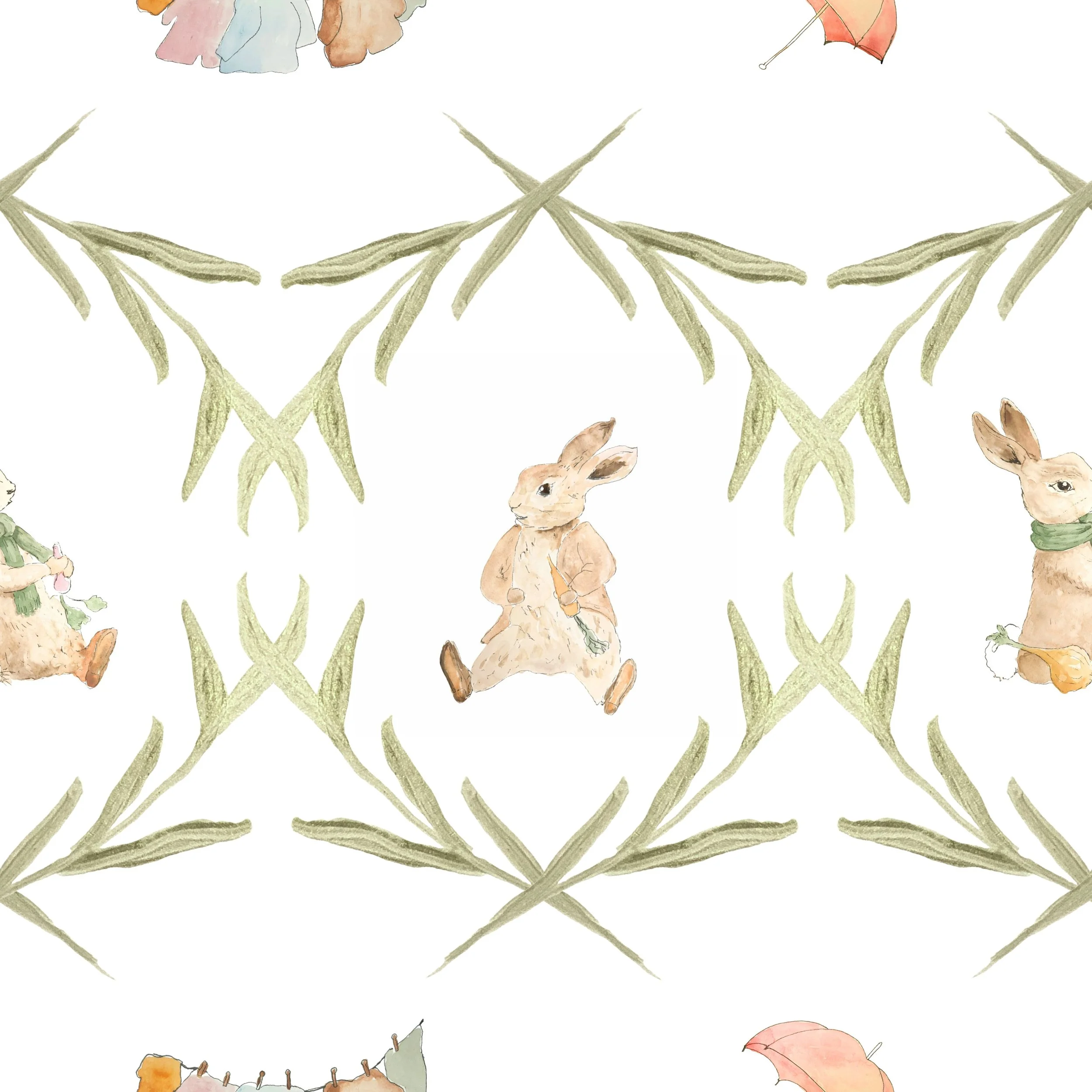 Watercolor pattern featuring rabbits, carrots, umbrellas, and green leaves on a white background.
