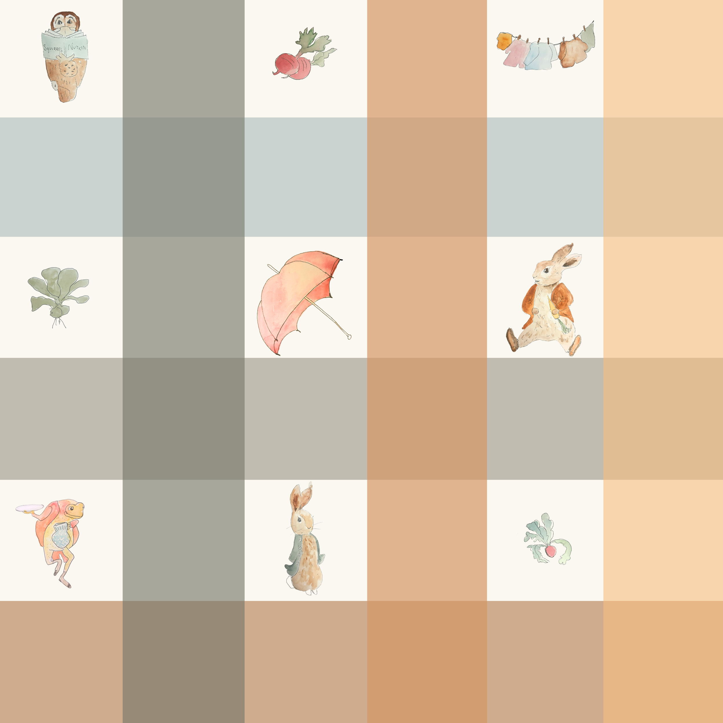 Watercolor illustration of a patchwork quilt with squares featuring animals and objects: an owl reading a book, radishes, a line of laundry with clothes, a leafy vegetable, a pink umbrella, a rabbit with a jacket, a dog with a backpack, a rabbit, and a radish.