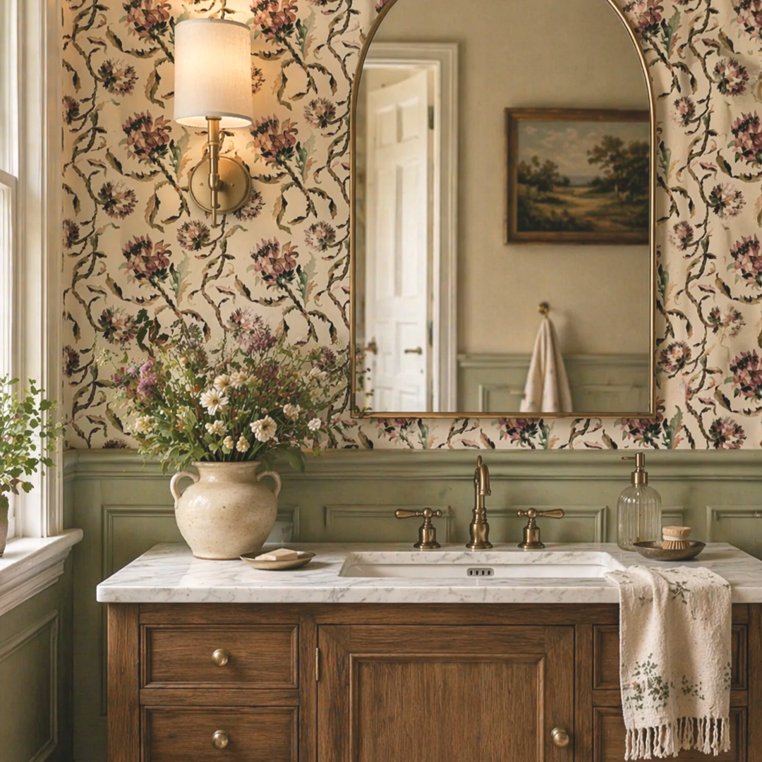 Bathroom vanity with pink cabinet, white marble countertop, and a large round mirror. Wall-mounted sconce light, floral arrangement with white and light pink flowers, soap and lotion bottles on the counter, and floral wallpaper with pink flowers and green leaves.