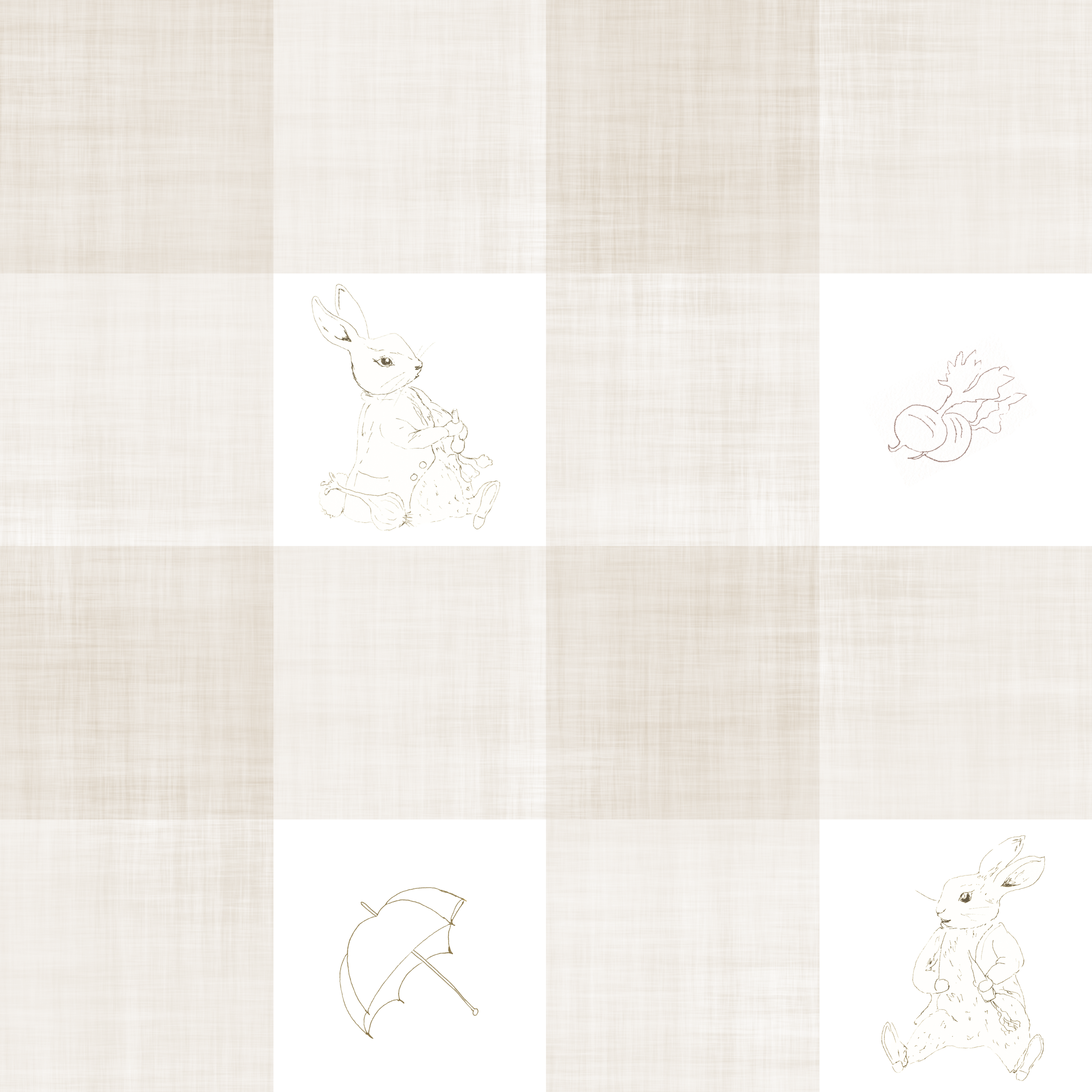 Pattern featuring sketches of a rabbit, a carrot, an umbrella, and a bunny in a coat on a textured beige background.