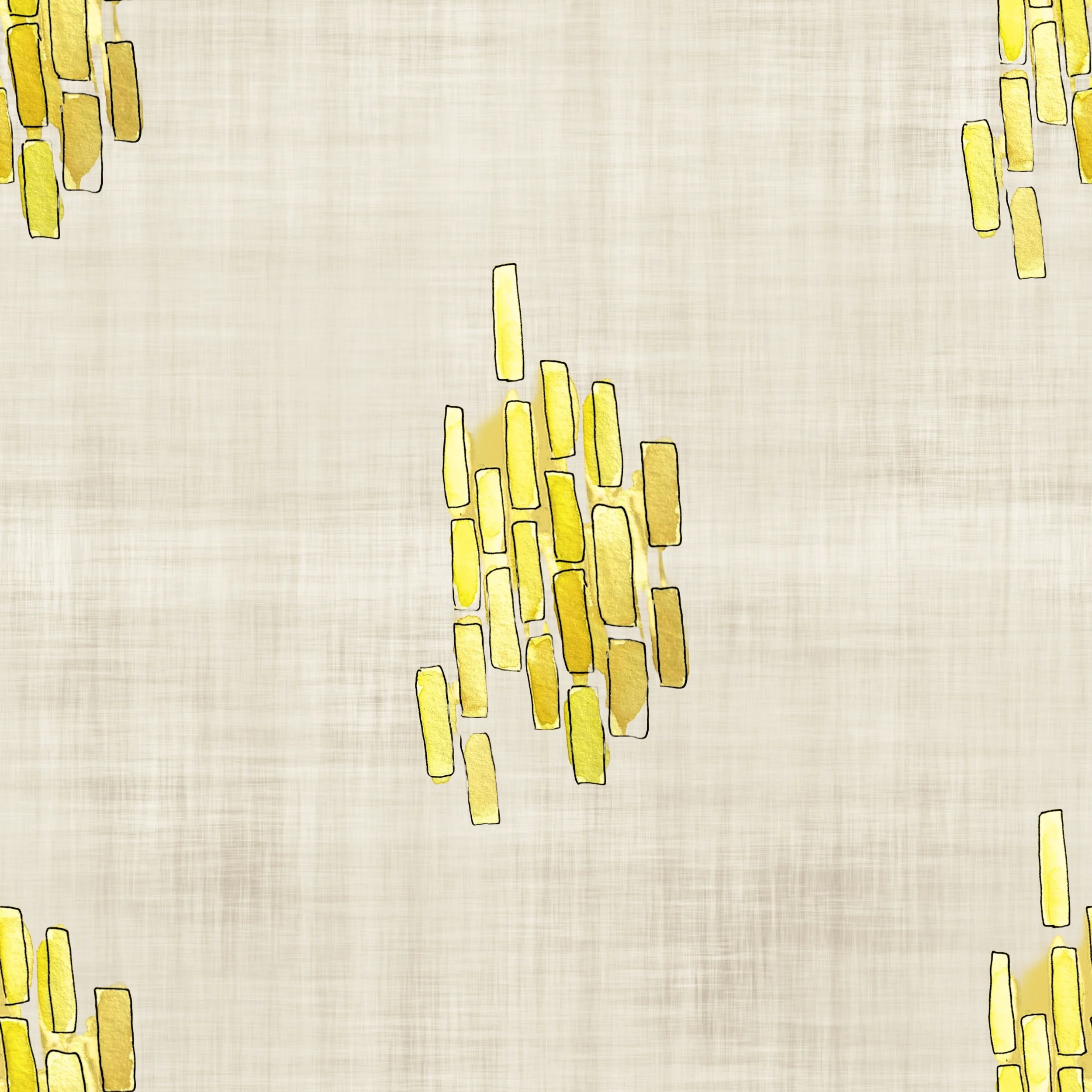Watercolor abstract pattern with yellow elongated rectangles on a beige textured background.