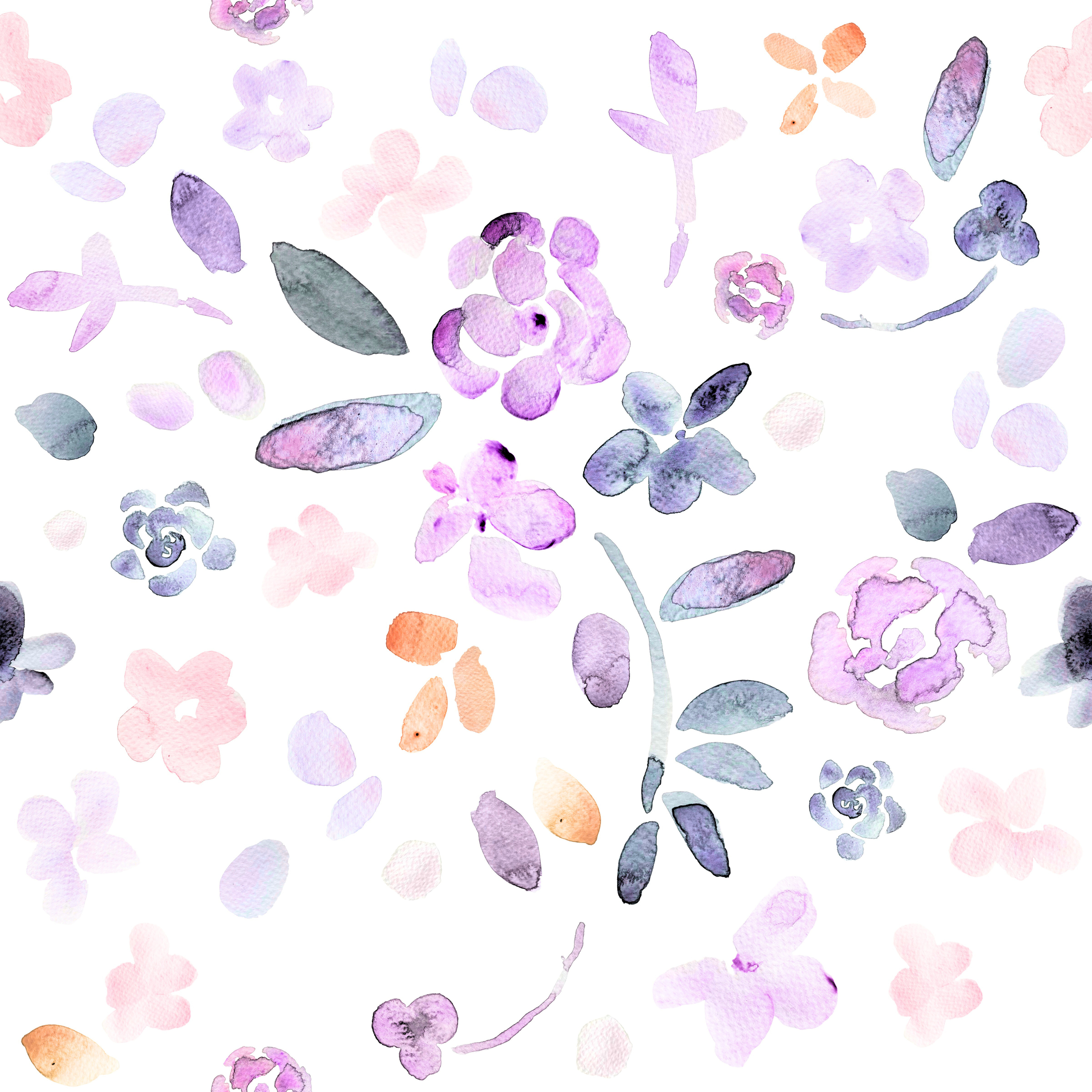 Watercolor illustration of assorted purple, pink, orange, and gray flowers and leaves on a white background.