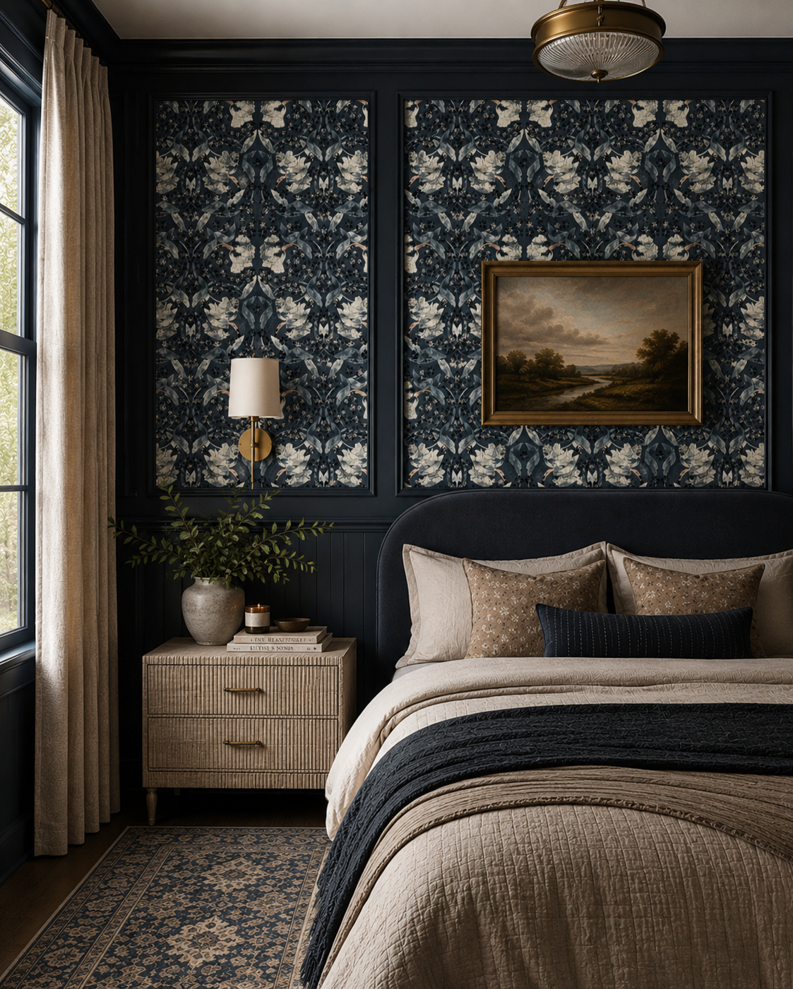 A navy blue mudroom with floral patterned wallpaper, a black sink with gold hardware, and gold hooks with bags hanging. There are black rubber boots and brown leather boots on the floor, a wooden bench with baskets underneath, and a window with a white frame.