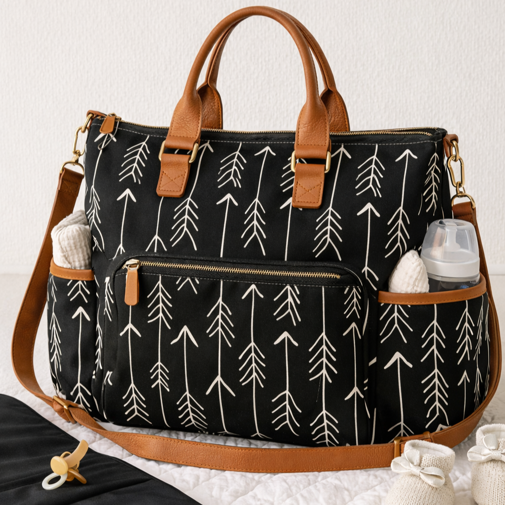 A black bag with white arrow patterns, brown leather handles, and side pockets containing a baby bottle, socks, and a pacifier, placed on a white surface with baby shoes nearby.