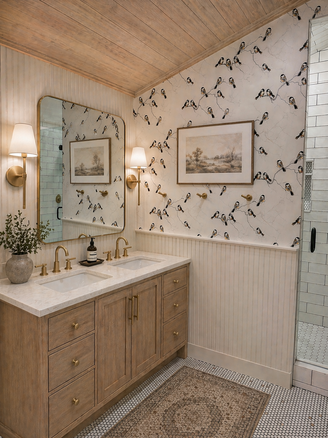 Bathroom with a wooden ceiling, vertically striped wallpaper on the wall, a mirror, a granite countertop with a sink, a soap dispenser, and a patterned wallpaper featuring small birds perched on branches.