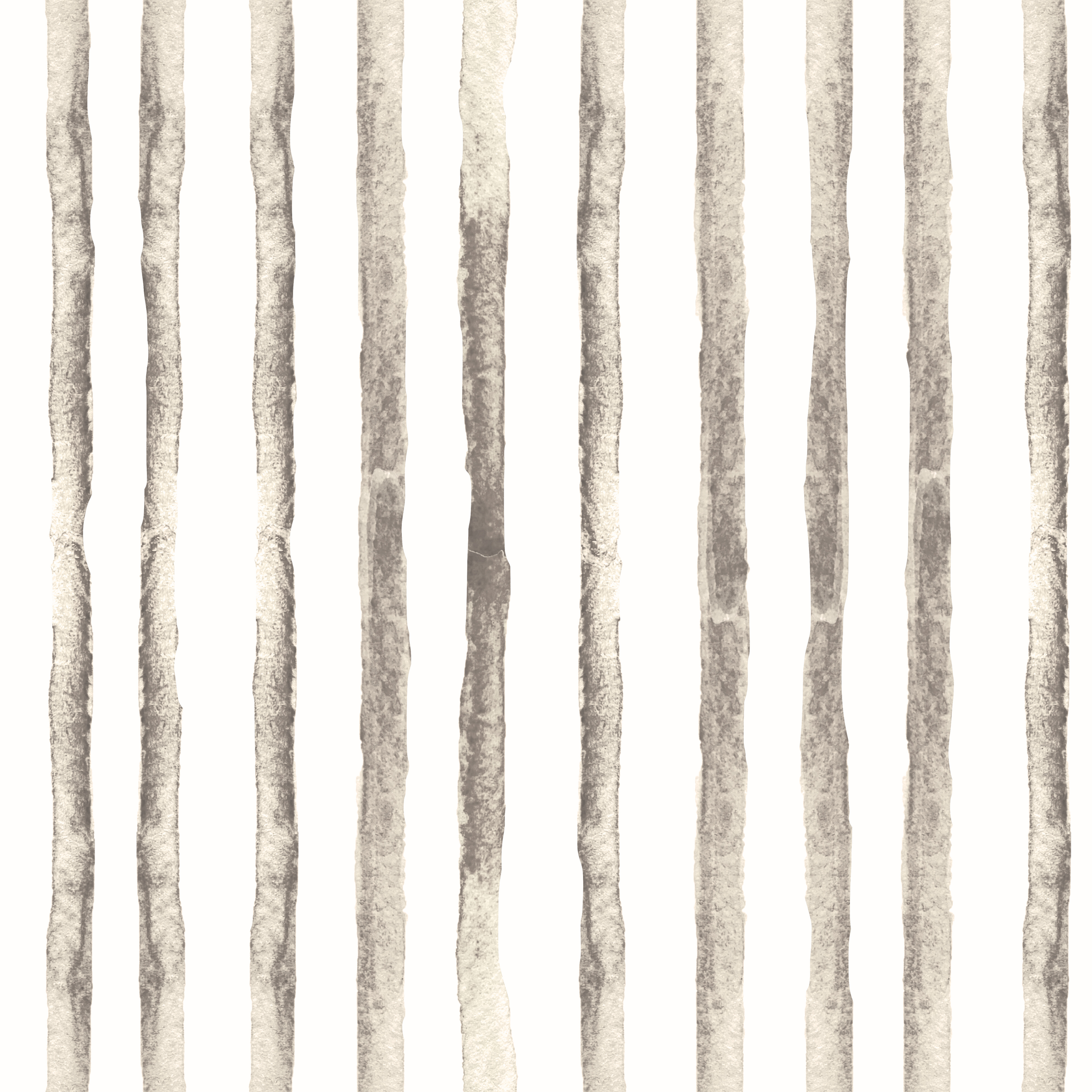 Watercolor painting of vertically aligned tree trunks in shades of gray.
