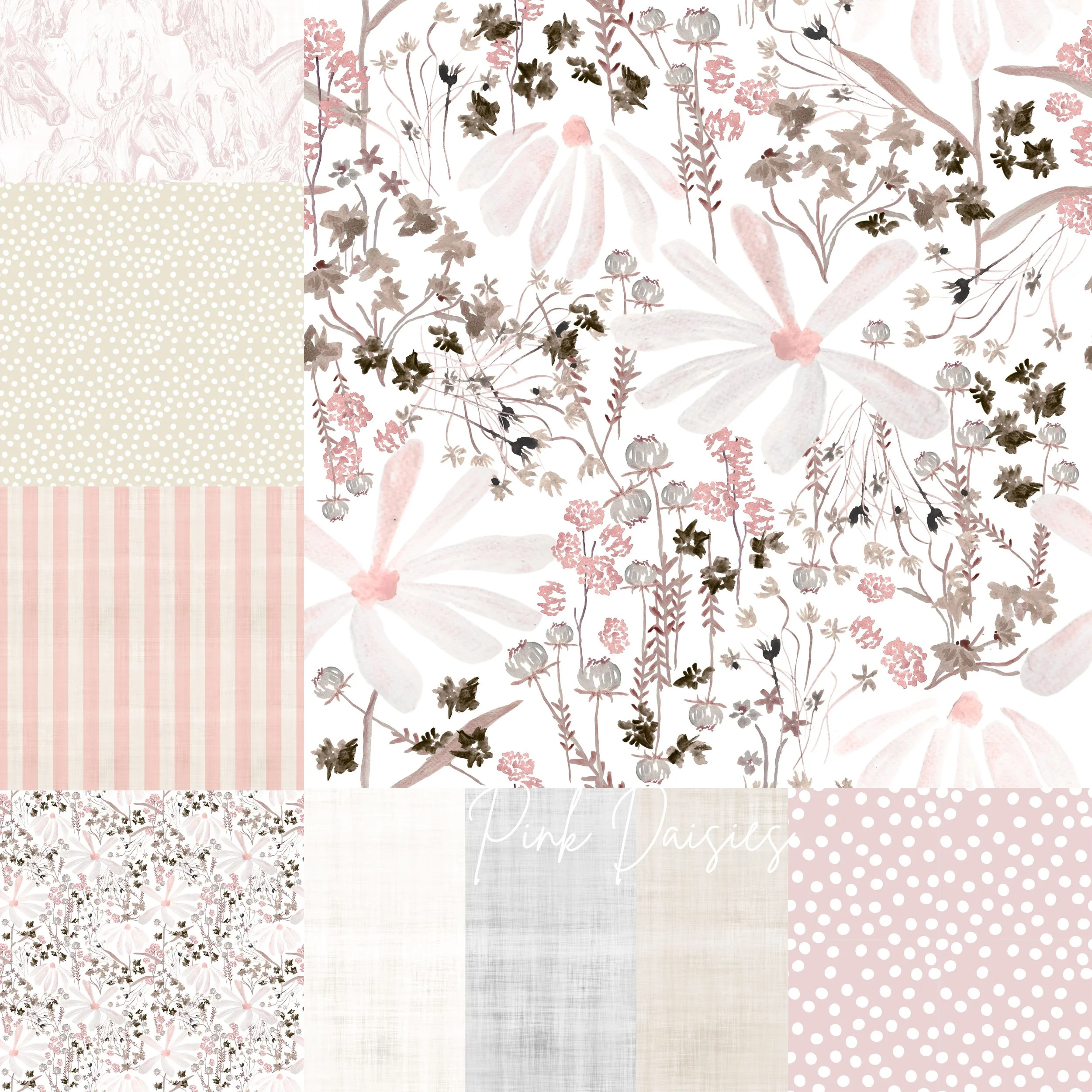 A collage of six patterns, including pink and beige floral, polka dots, stripes, and textured patterns, with the words 'Pink Daisies' written in elegant script.
